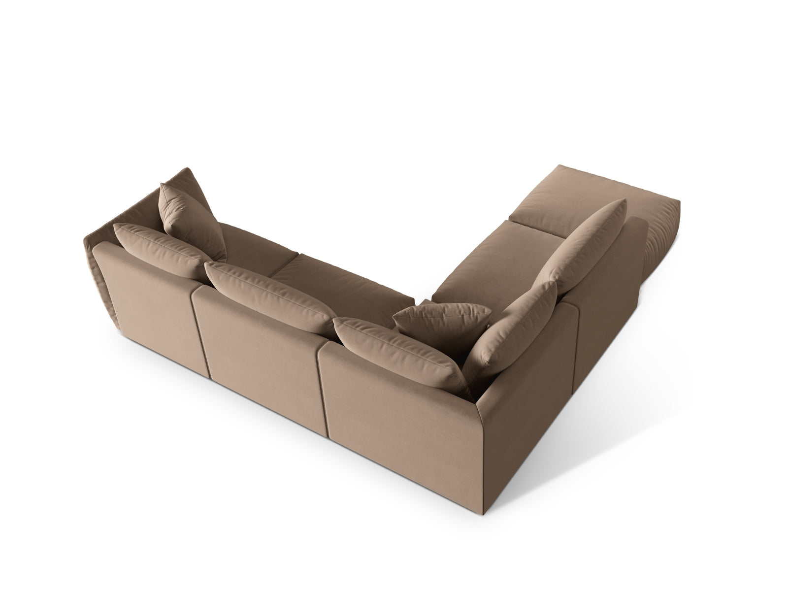 Elegantes Chris Velour Ecksofa links in warmem Braun, ideal für stilvolle Wohnräume und bietet komfortablen Sitzplatz für vier Personen.