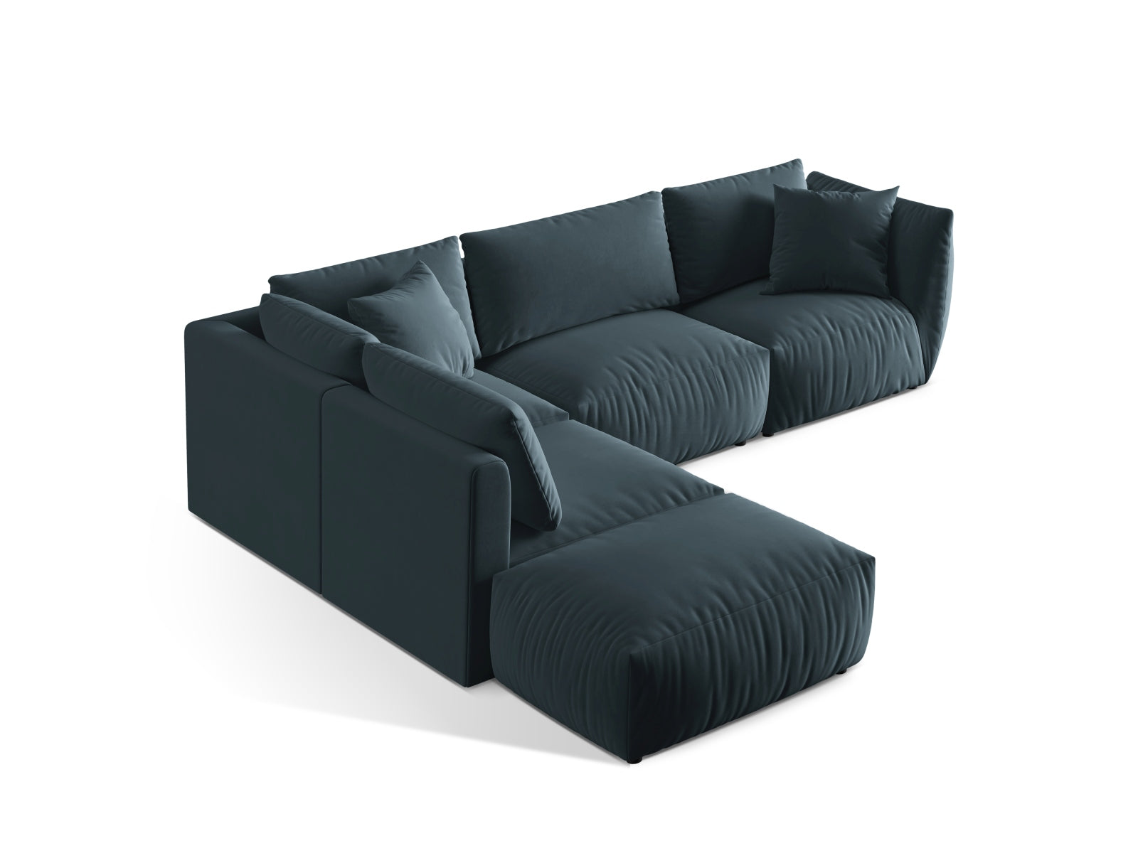 Modulares Chris Velour Ecksofa links in sanftem Pastellblau, bietet hohen Komfort und stilvolle Akzente für jedes Wohnzimmer.