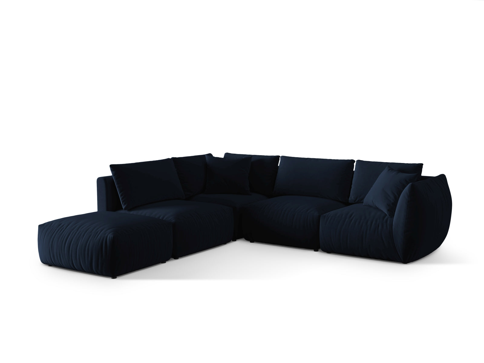 Elegantes Chris Velour Modular Ecksofa links in Royal Blue-Casino, ideal für stilvolle Wohnräume, präsentiert von Micadoni.