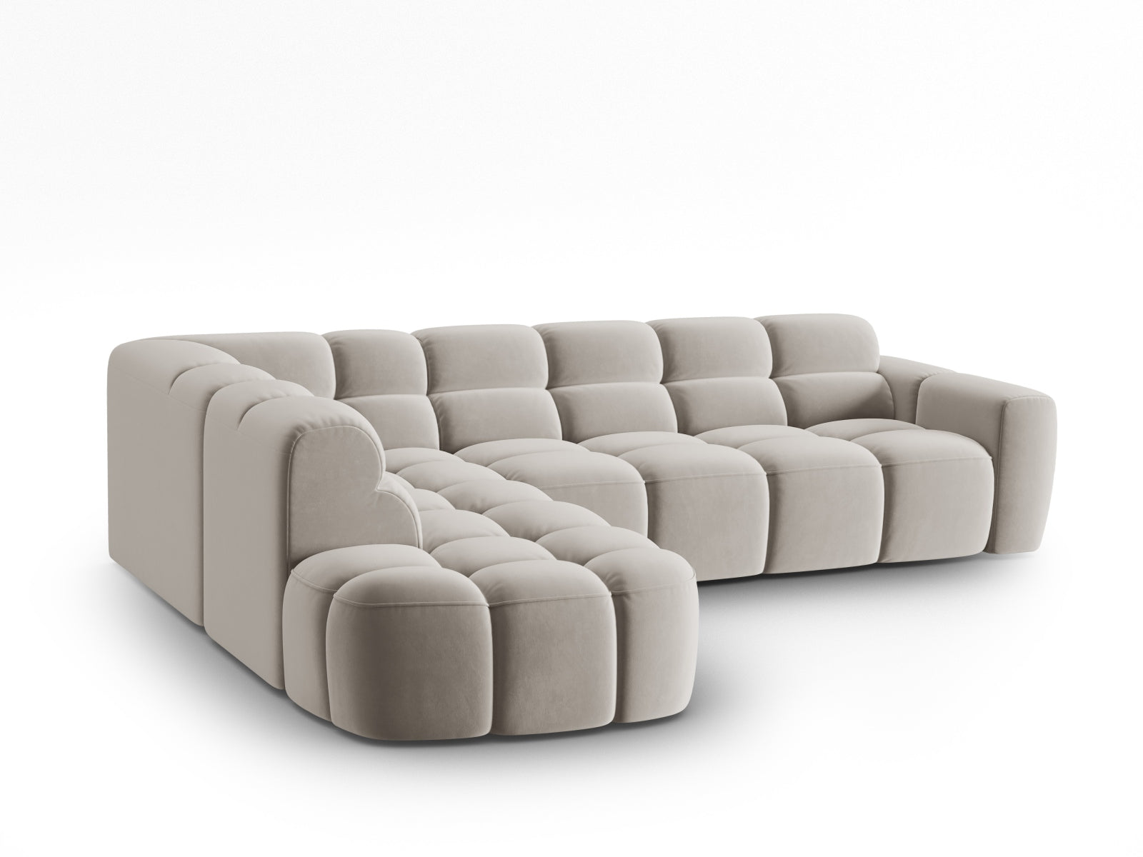 Erleben Sie das stilvolle Lisa Velour links Ecksofa 5 Sitzer von Micadoni. Perfekt für Ihr Wohnzimmer, vereint es modernen Komfort mit eleganter Gestaltung.