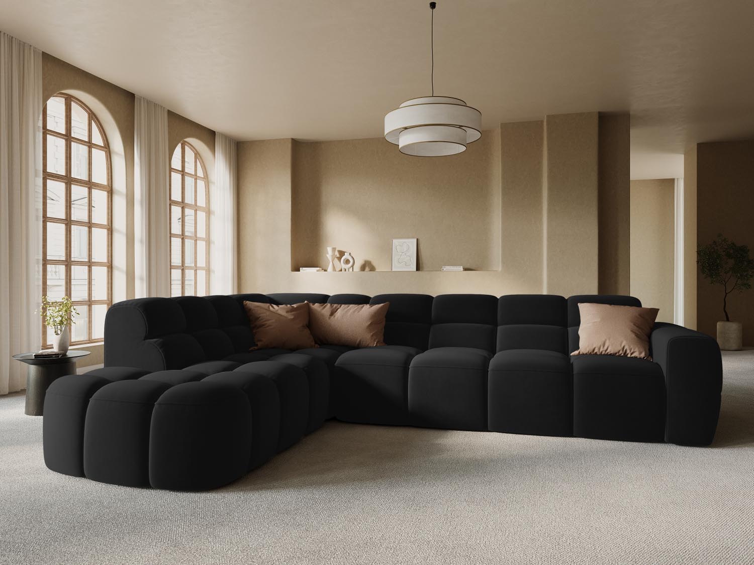 Erleben Sie das stilvolle Lisa Velour links Ecksofa 5 Sitzer von Micadoni. Perfekt für Ihr Wohnzimmer, vereint es modernen Komfort mit elegantem Design.