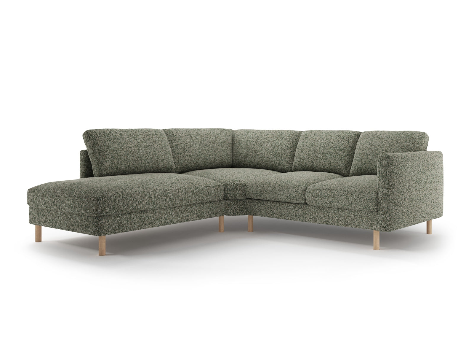 Elegantes Eden Ecksofa links für 4 Personen in luxuriösem Moss Green Melange-Puente, ideal für stilvolle Wohnräume und entspannte Abende.