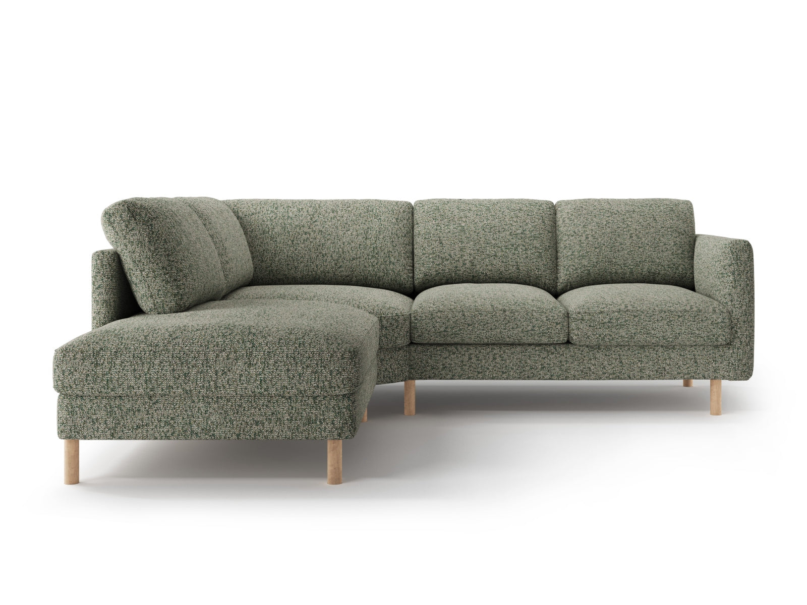 Modernes Eden Ecksofa links für 4 Personen in edlem Moss Green Melange-Puente, perfekt für gemütliche Stunden und stilvolle Einrichtung.