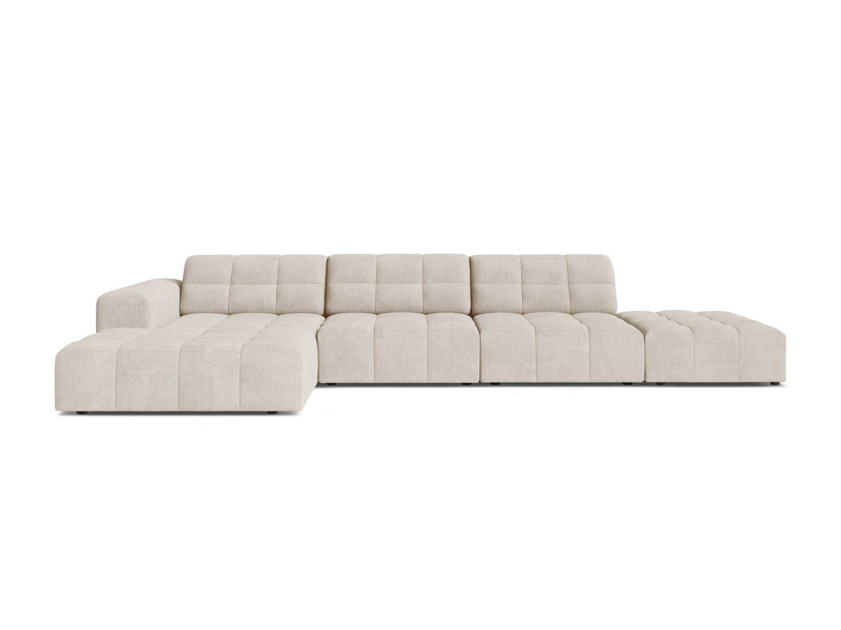 Linkes Ecksofa Jennifer von Micadoni in leichtem Beige mit Bluvel-Stoffbezug, L-Form und schwarzen Kunststoffbeinen aus Polypropylen