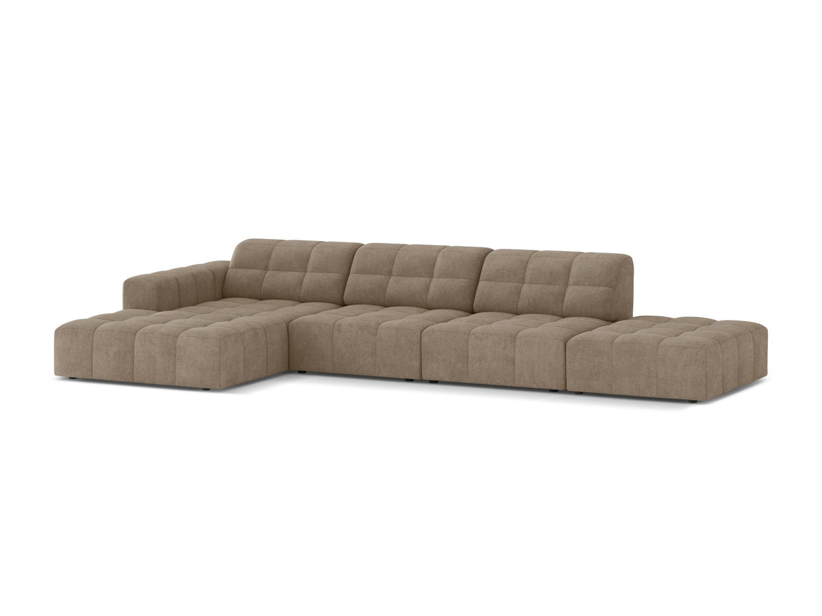 Linkes Ecksofa Jennifer von Micadoni in leichtem Beige mit Bluvel-Stoffbezug, L-Form und schwarzen Kunststoffbeinen aus Polypropylen