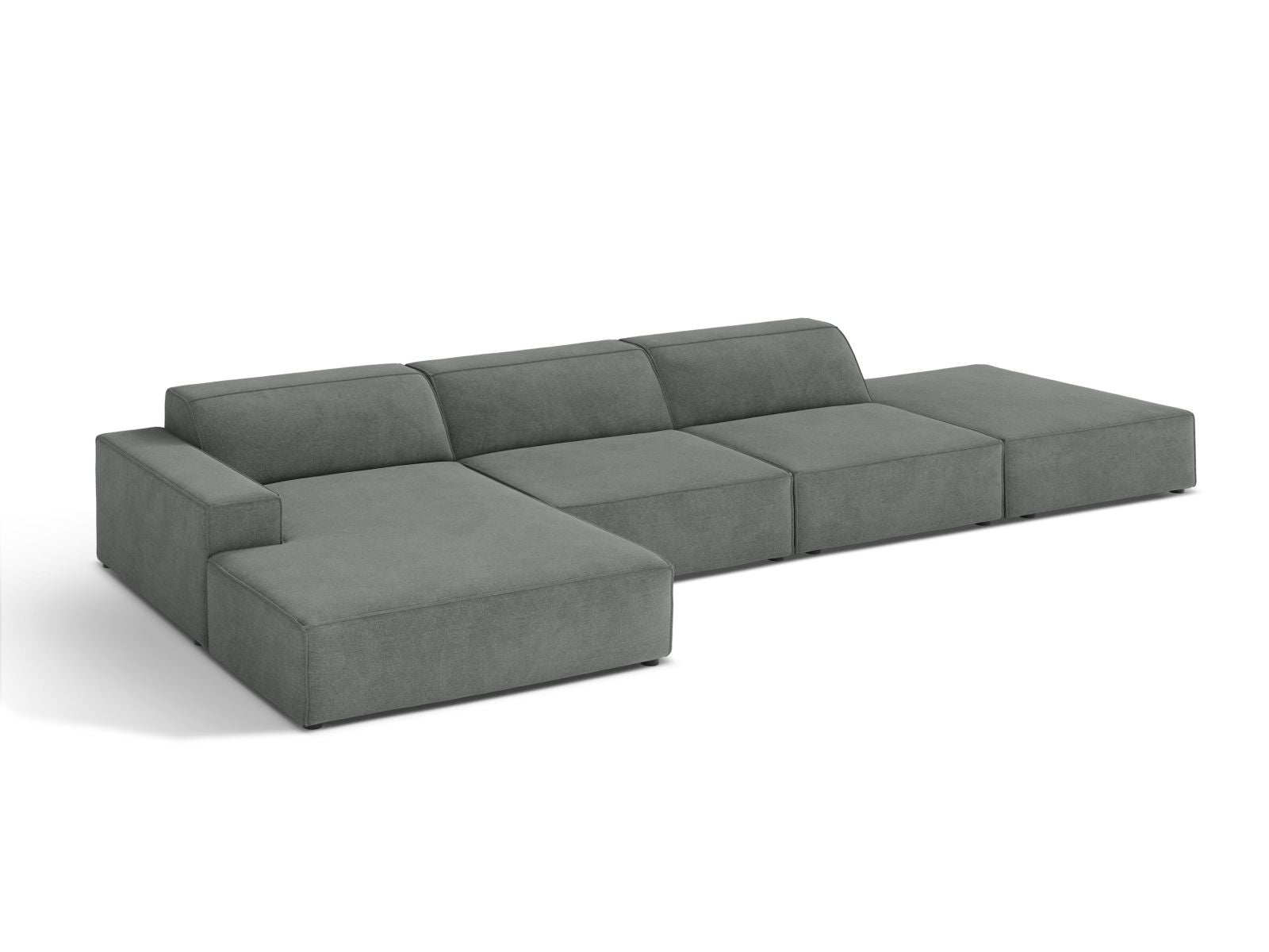 Modulares 5-Sitzer Ecksofa Jodie in stilvollem Grau, ideal für entspannte Abende und modernes Wohndesign, erhältlich bei Micadoni.