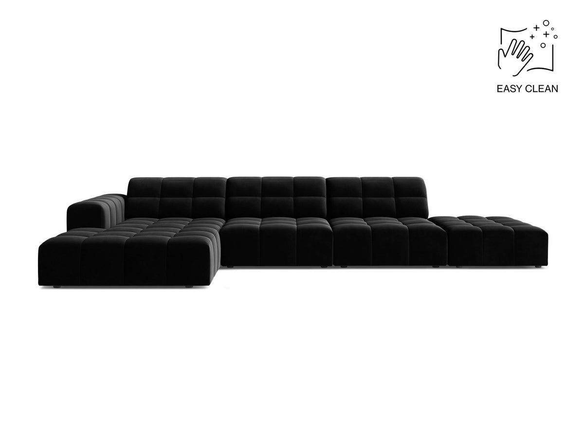 Linkes Ecksofa Jennifer von Micadoni in leichtem Beige mit Bluvel-Stoffbezug, L-Form und schwarzen Kunststoffbeinen aus Polypropylen