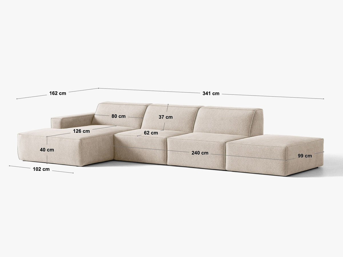 Ecksofa Jodie links von Micadoni in leichtem Beige mit Venus-Samtstoff, schwarzen Kunststoffbeinen und niedriger Rückenlehne.