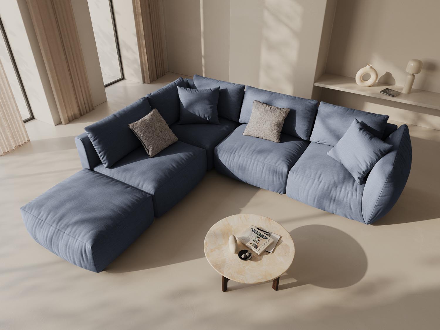 Stylisches, modulares Ecksofa in sanftem Hellgrün, ideal für moderne Wohnräume, präsentiert in einer einladenden Atmosphäre.