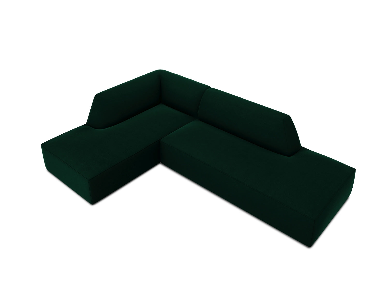 Stylisches, modulares Ecksofa in luxuriösem Ruby Velour, linksseitig, ideal für vier Personen und perfekt für zeitgemäße Wohnkonzepte.