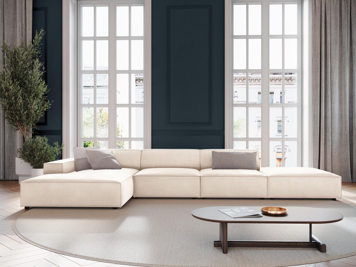 Jodie Velour modulares Ecksofa links 5 Sitzer in Light Beige-Bluvel präsentiert im Onlineshop von KAQTU Design AG. L-Sofa links ist von Micadoni