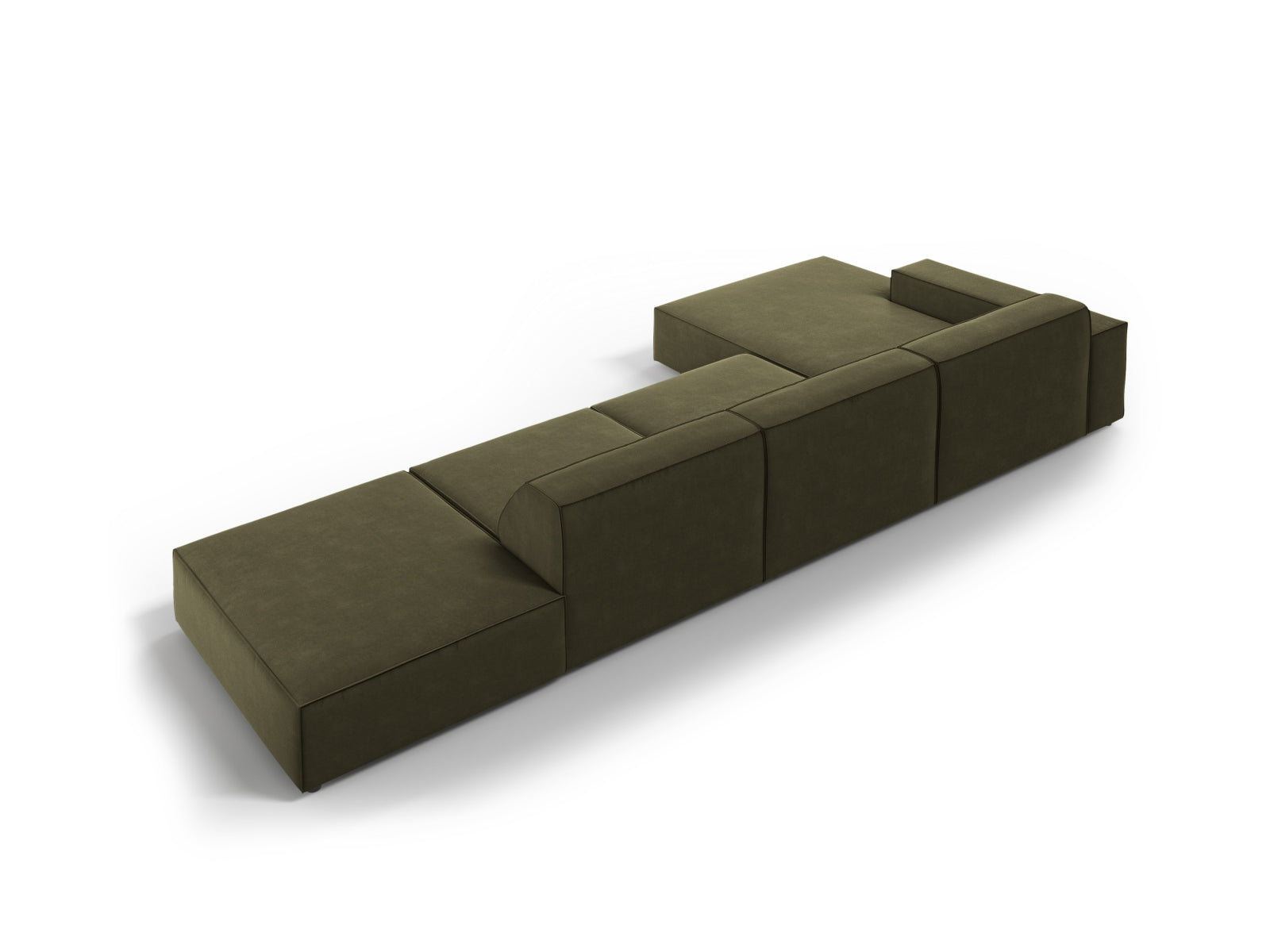 Modulares 5-Sitzer Ecksofa Jodie in luxuriösem Velours, linksseitig, in trendigem Green-Bluvel, perfekt für stilvolle Wohnambiente.