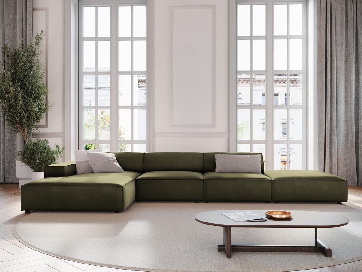 Jodie Velour modulares Ecksofa links 5 Sitzer in Green-Bluvel präsentiert im Onlineshop von KAQTU Design AG. L-Sofa links ist von Micadoni