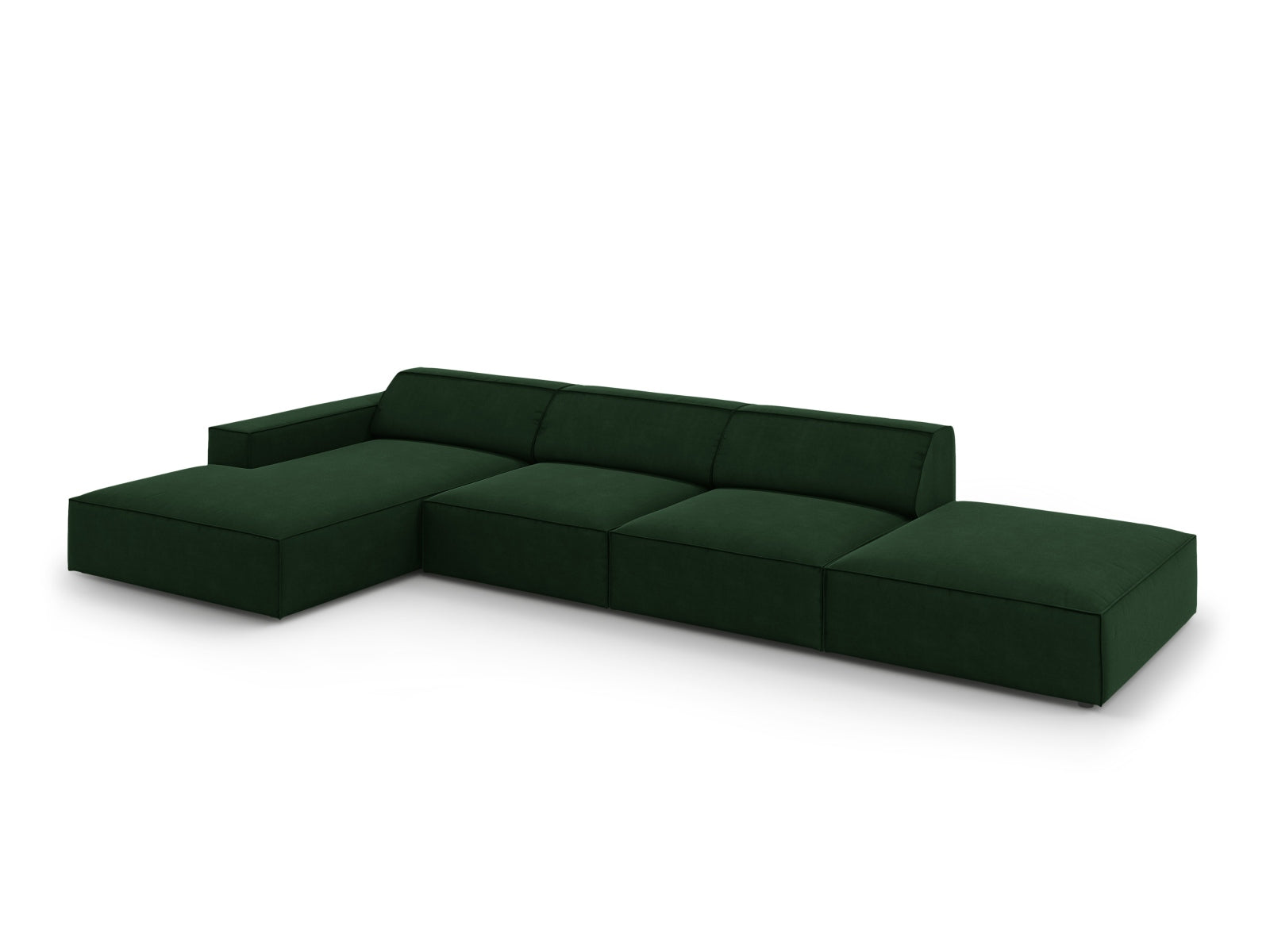 Modulares 5-Sitzer Ecksofa Jodie in edlem Velours, linksseitig, in tiefem Bottle Green – perfekt für moderne Wohnkonzepte.
