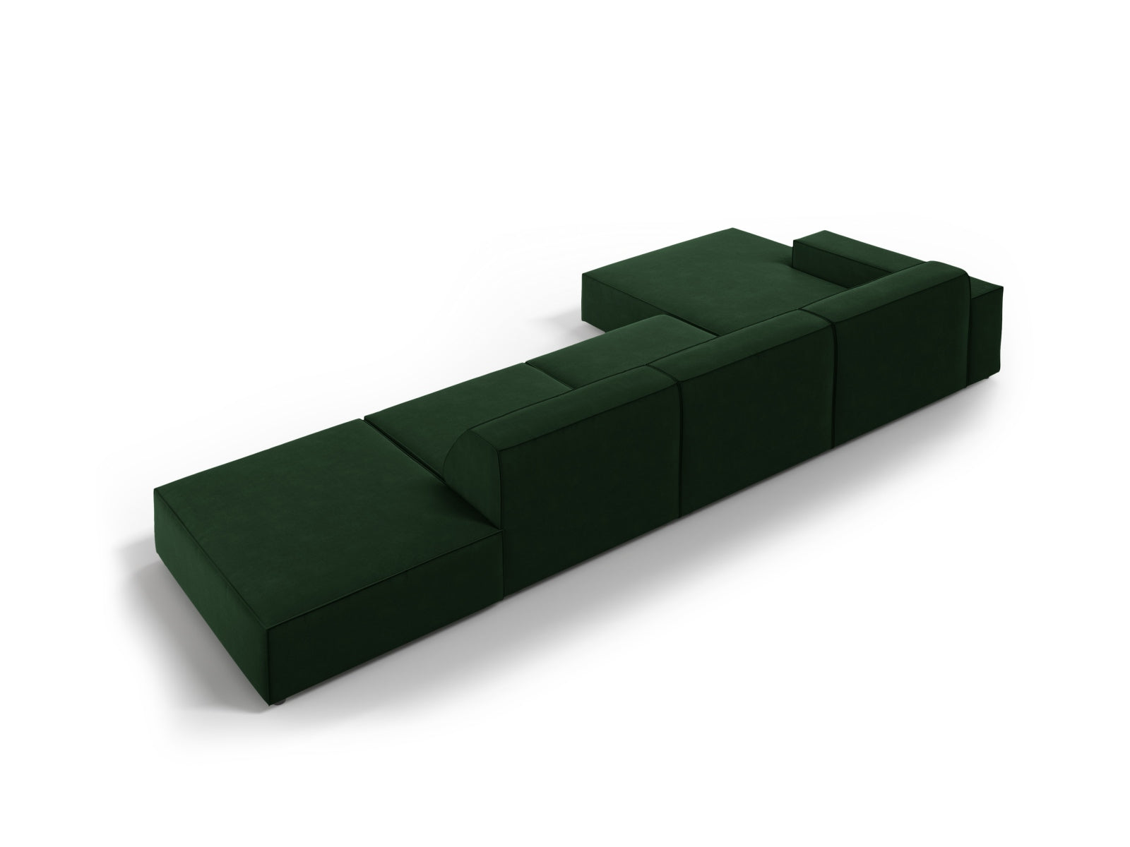 Modulares 5-Sitzer Ecksofa Jodie in edlem Velours, linksseitig, in tiefem Bottle Green – perfektes Highlight für moderne Wohnkonzepte.