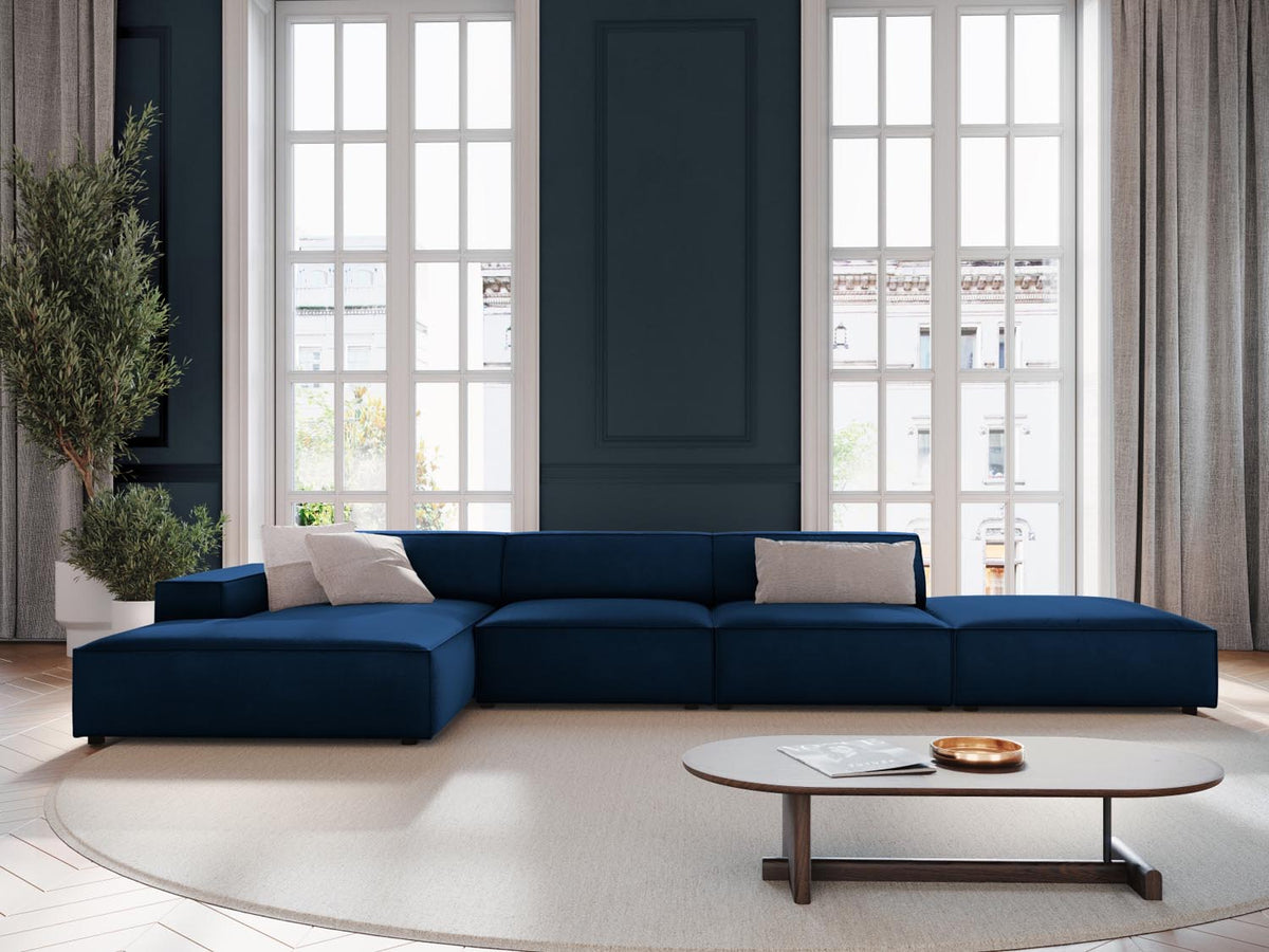 Jodie Velour modulares Ecksofa links 5 Sitzer in Royal Blue-Bluvel präsentiert im Onlineshop von KAQTU Design AG. L-Sofa links ist von Micadoni