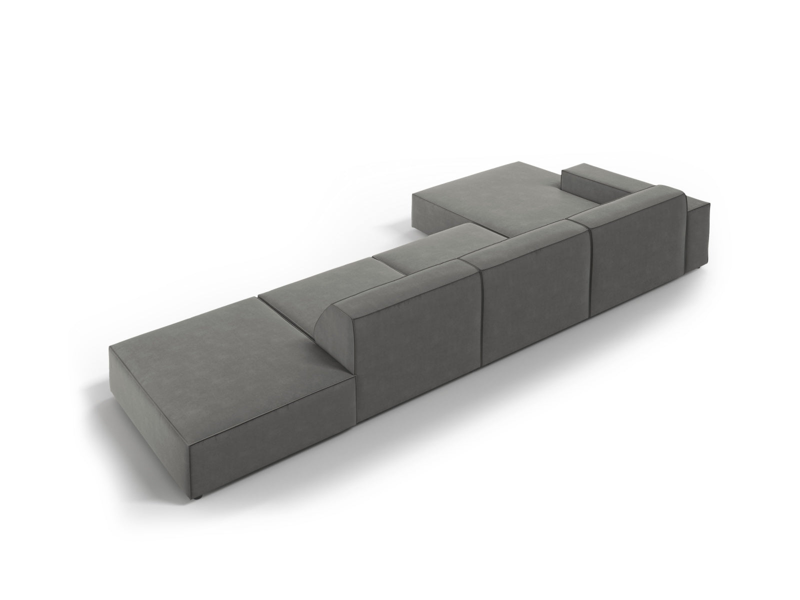 Modulares 5-Sitzer Ecksofa Jodie von Micadoni, linksseitig, in edlem Velours, kombiniert Komfort und modernes Design in Grau-Blau.