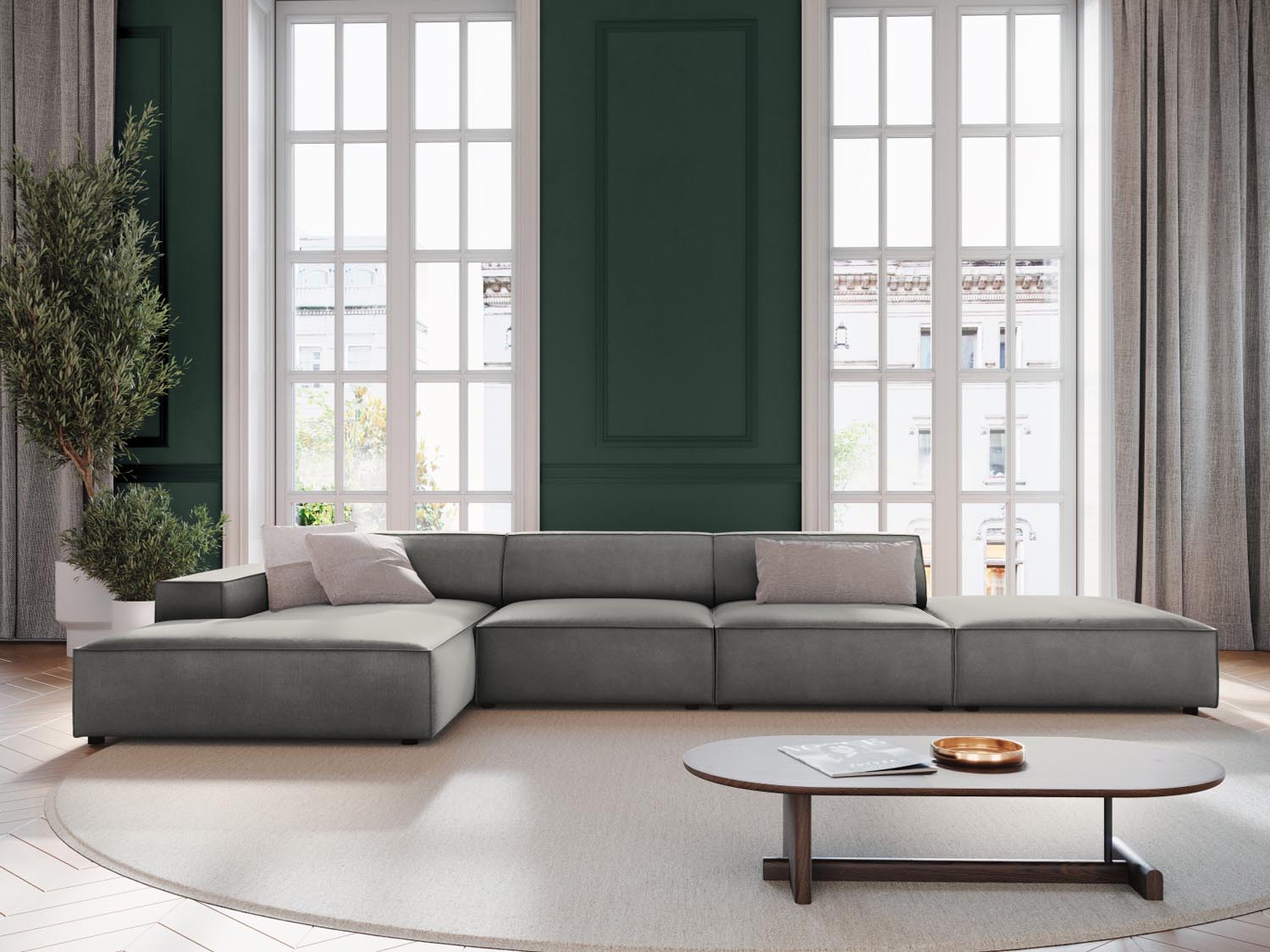 Elegantes, modulares Ecksofa Jodie in Velours, linksseitig, 5-Sitzer in sanftem Grau-Blau, ideal für stilvolle Wohnräume.