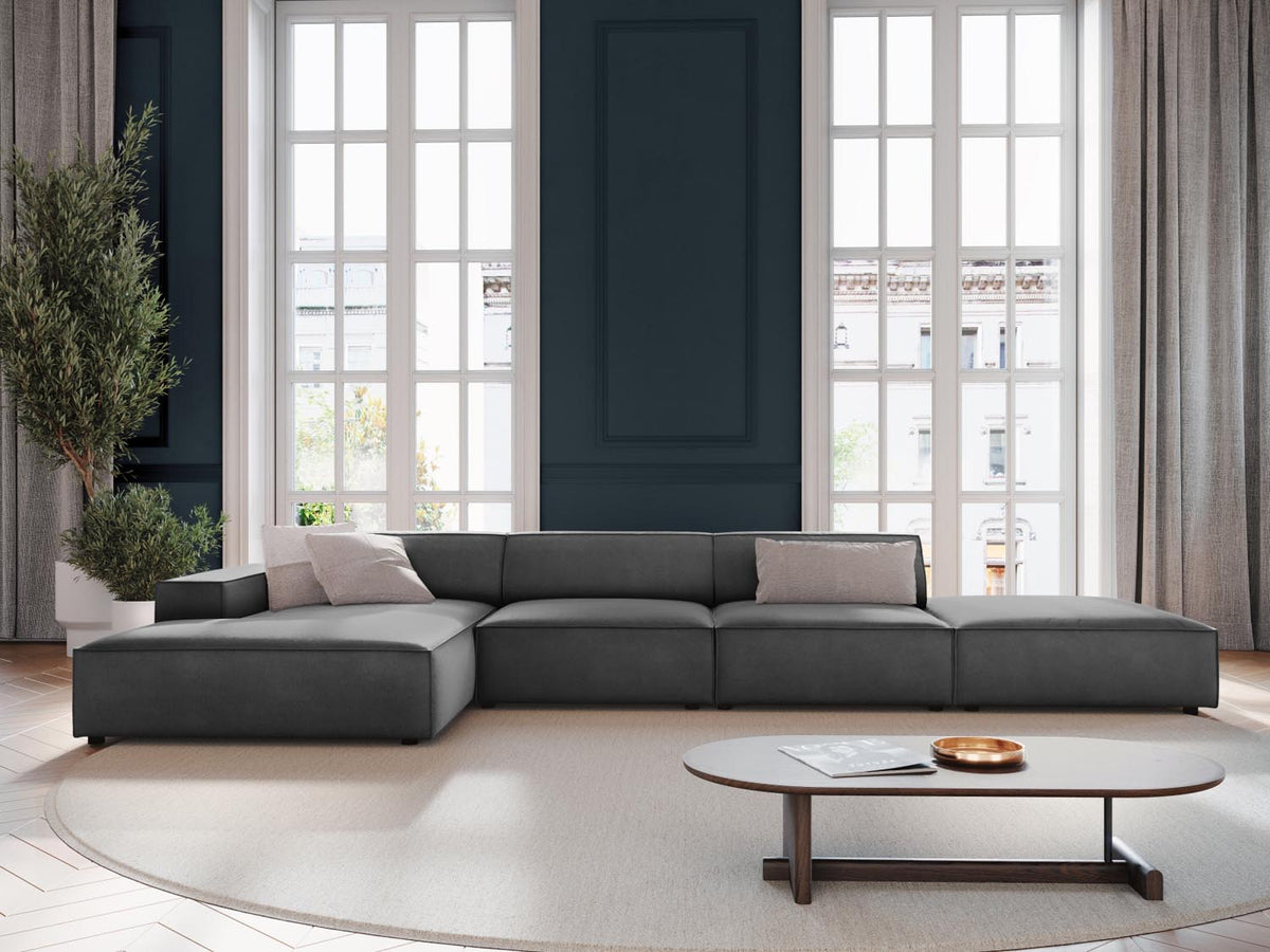 Jodie Velour modulares Ecksofa links 5 Sitzer in Grey-Bluvel präsentiert im Onlineshop von KAQTU Design AG. L-Sofa links ist von Micadoni