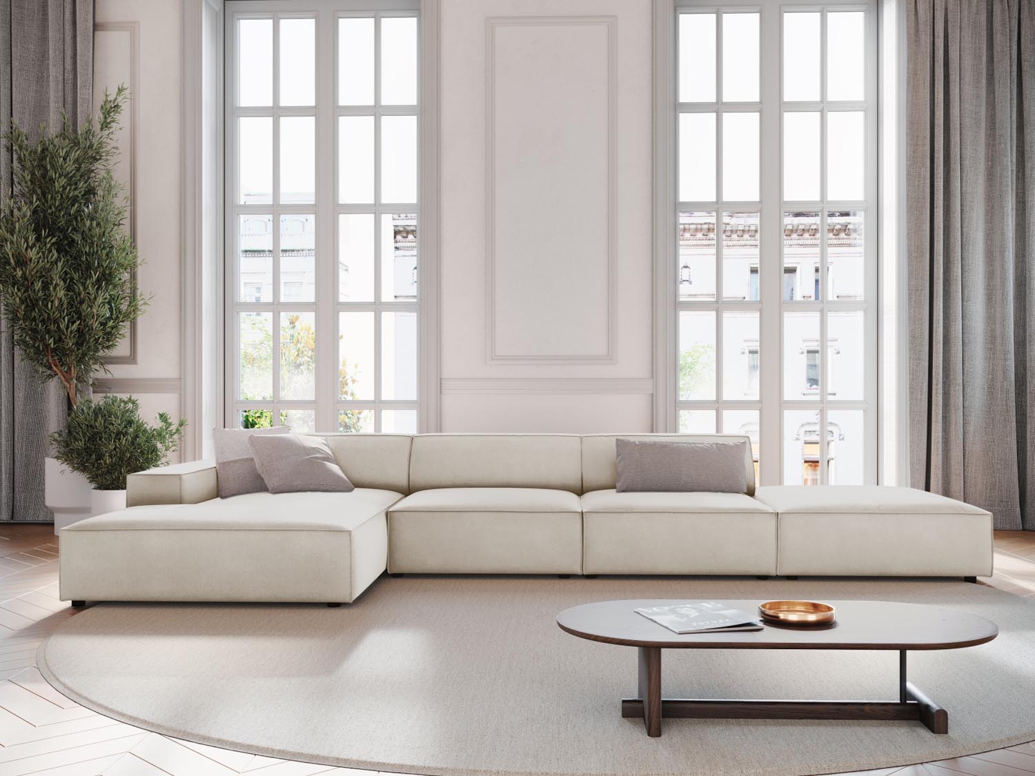 Elegantes Jodie Velour Ecksofa in Dunkelbeige, modulares Design, ideal für stilvolle Wohnräume, präsentiert in einer gemütlichen Atmosphäre.