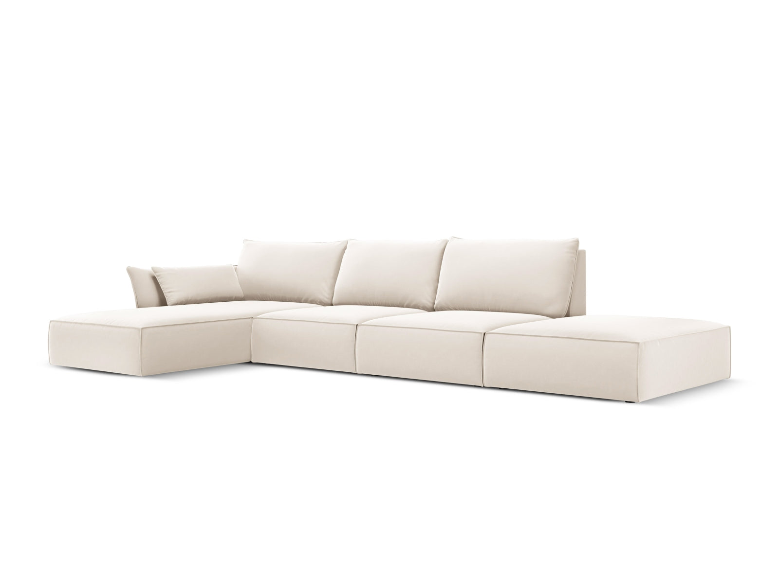 Elegantes Kaelle Velour Ecksofa links, 5 Sitzer in sanftem Beige, ideal für stilvolle Wohnräume. Hochwertige Verarbeitung von Micadoni.