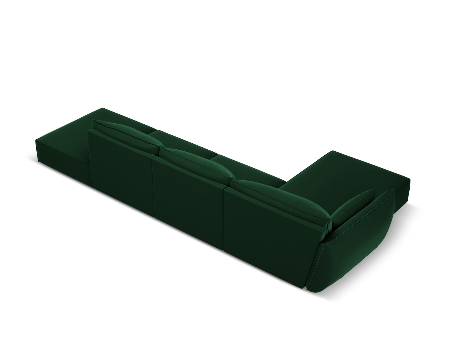 Modernes Kaelle Velour Ecksofa links in tiefem Flaschengrün, perfekt für gemütliche und stilvolle Wohnzimmer. 5-Sitzer von Micadoni.