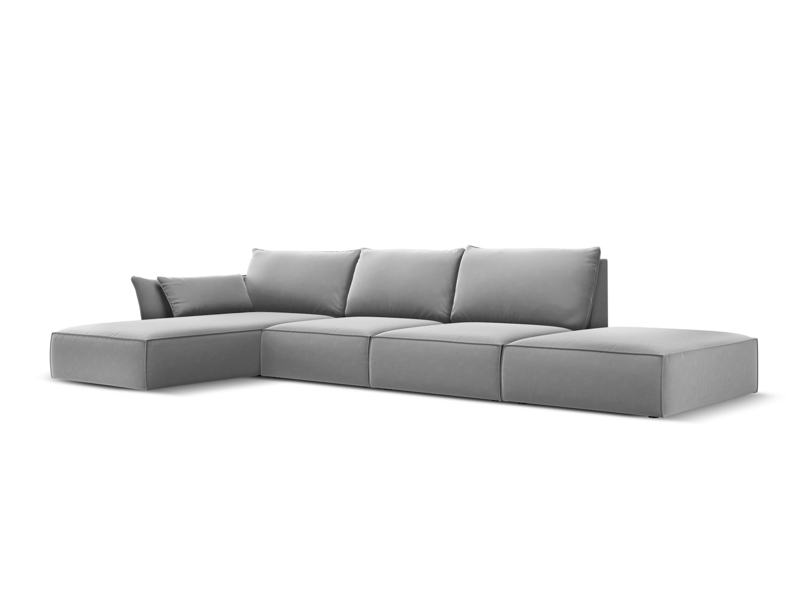 Elegantes Kaelle Velour Ecksofa links, 5-Sitzer in stilvollem Grau-Blau, ideal für moderne Wohnräume und gemütliche Abende.