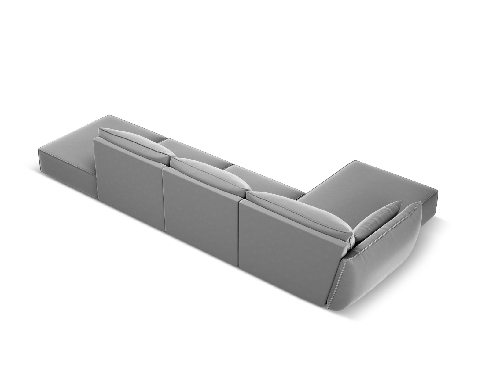 Luxuriöses Kaelle Velour Ecksofa links, 5-Sitzer in trendigem Grau-Blau, perfekt für stilvolle Wohnzimmer und entspannte Stunden.