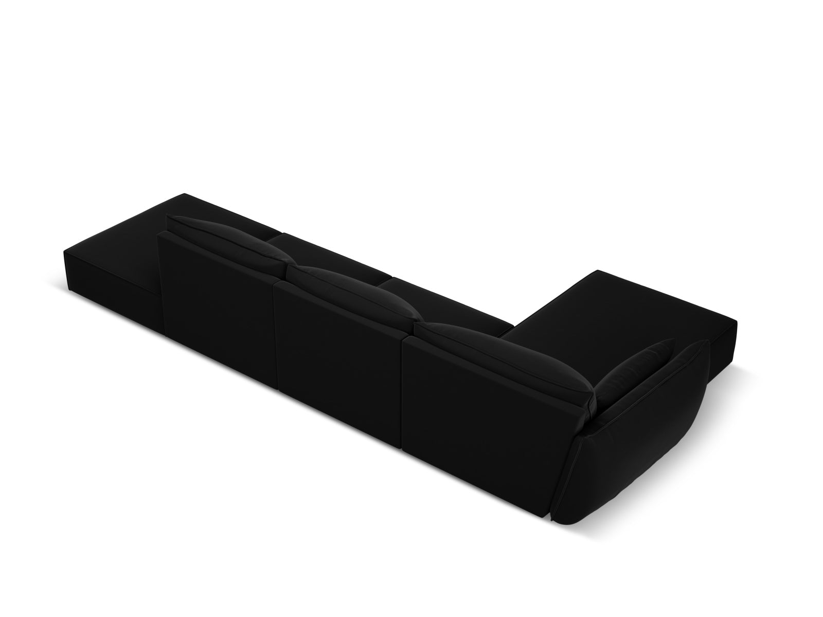 Luxuriöses Kaelle Velour Ecksofa links, 5 Sitzer in edlem Black-Bluvel, perfekt für stilvolle Wohnzimmer und entspannte Stunden.