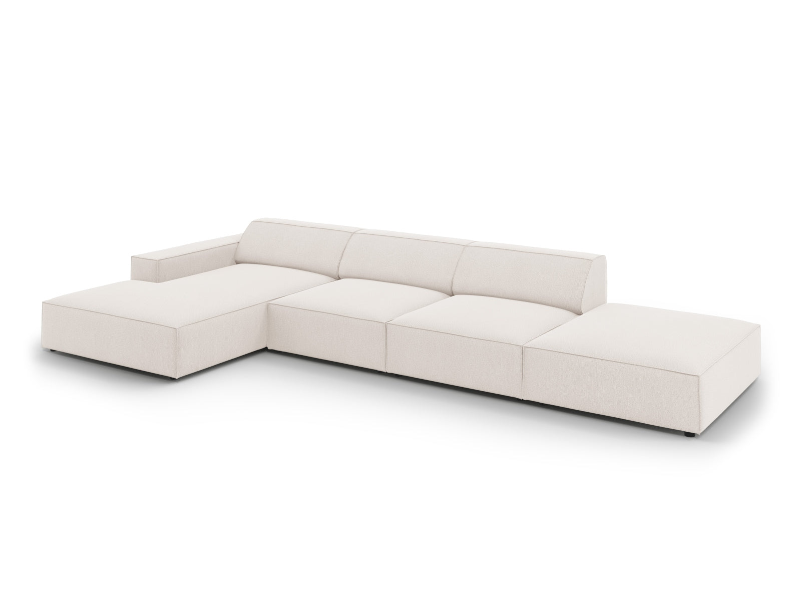Elegantes, modulares 5-Sitzer Ecksofa Jodie in sanftem Beige, ideal für moderne Wohnzimmer und gesellige Abende mit Freunden.