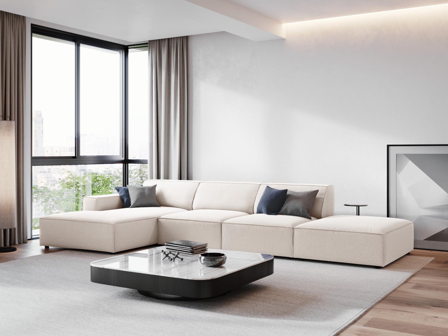 Gemütliches, modulares Ecksofa Jodie in hellem Beige, ideal für stilvolle Wohnräume. Perfekt als 5-Sitzer für entspannte Abende.