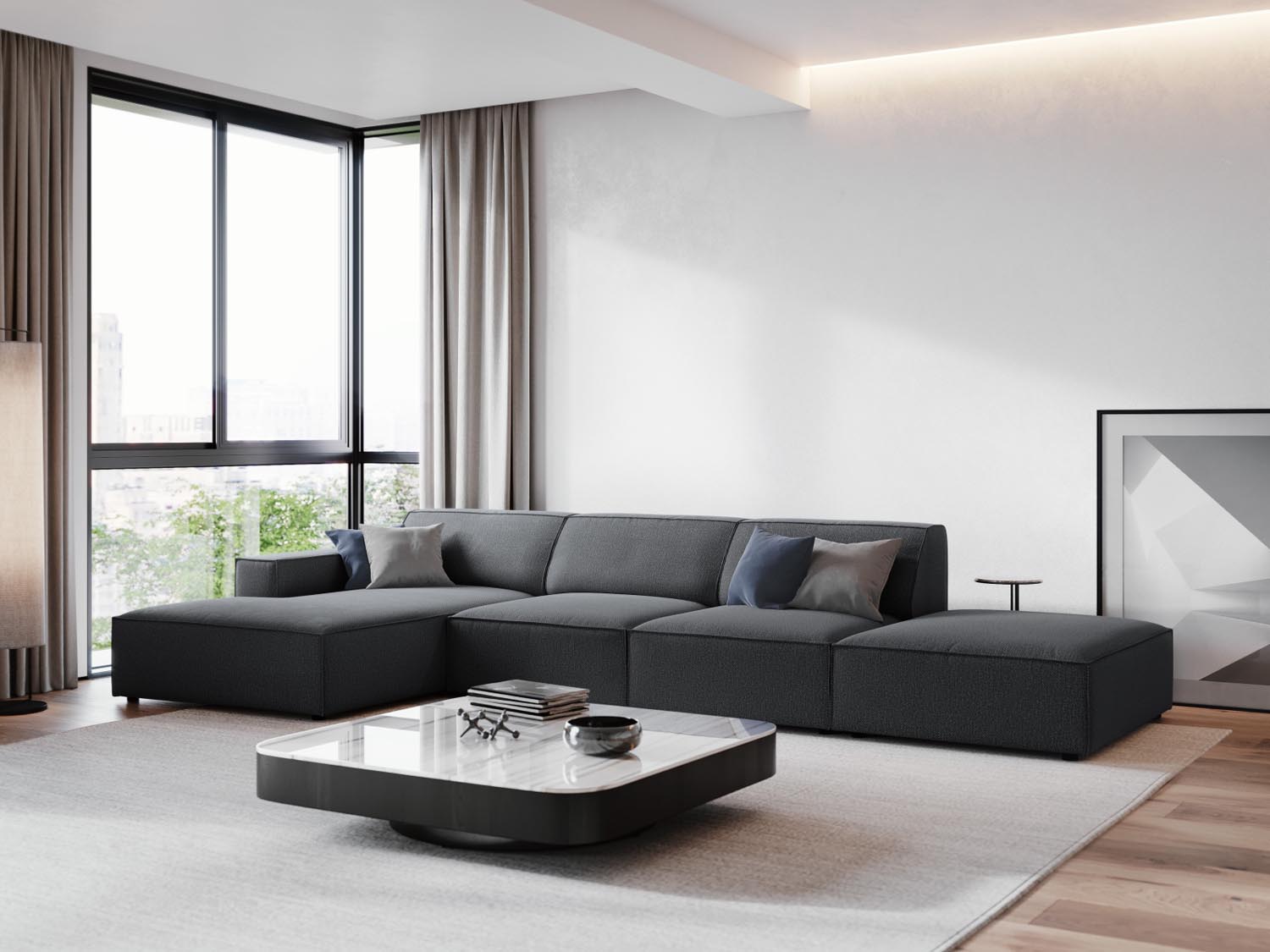 Stylisches, modulares Ecksofa Jodie in Dunkelgrau, ideal für moderne Wohnräume. Komfortables 5-Sitzer-Design von Micadoni.