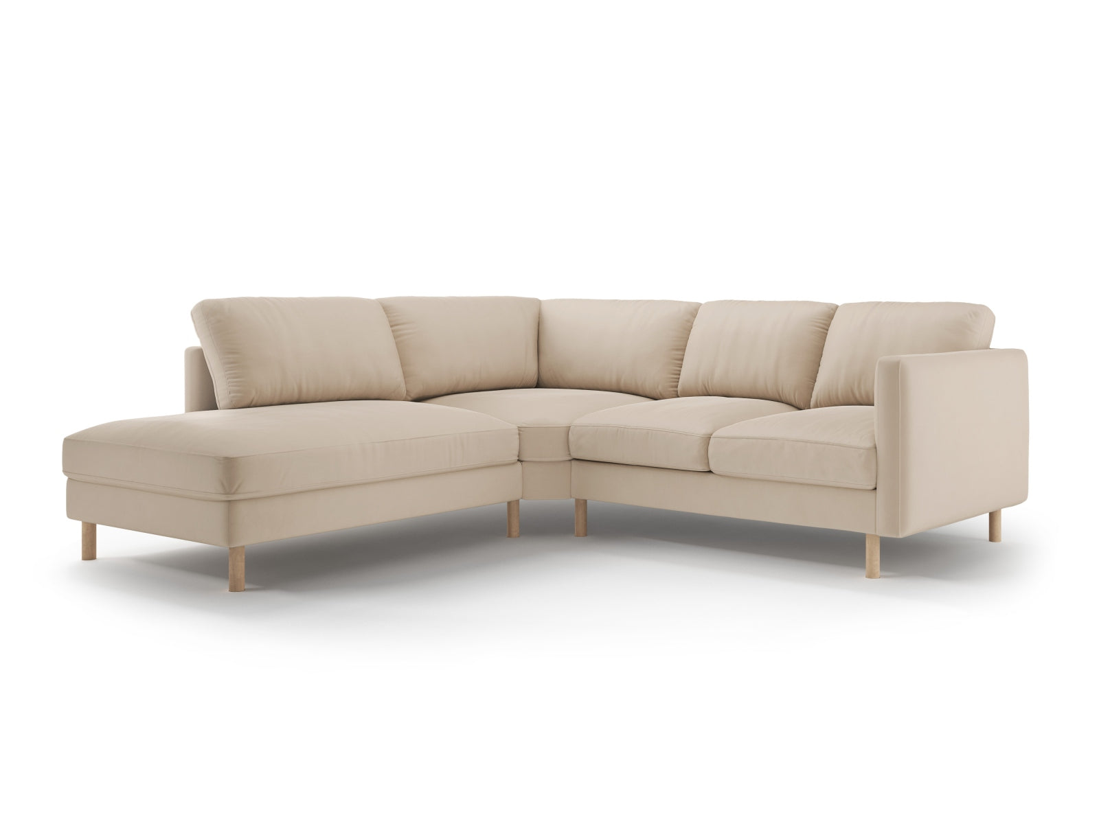Elegantes linksseitiges Ecksofa Eden Velour in sanftem Nude, ideal für gesellige Abende mit Freunden oder der Familie.