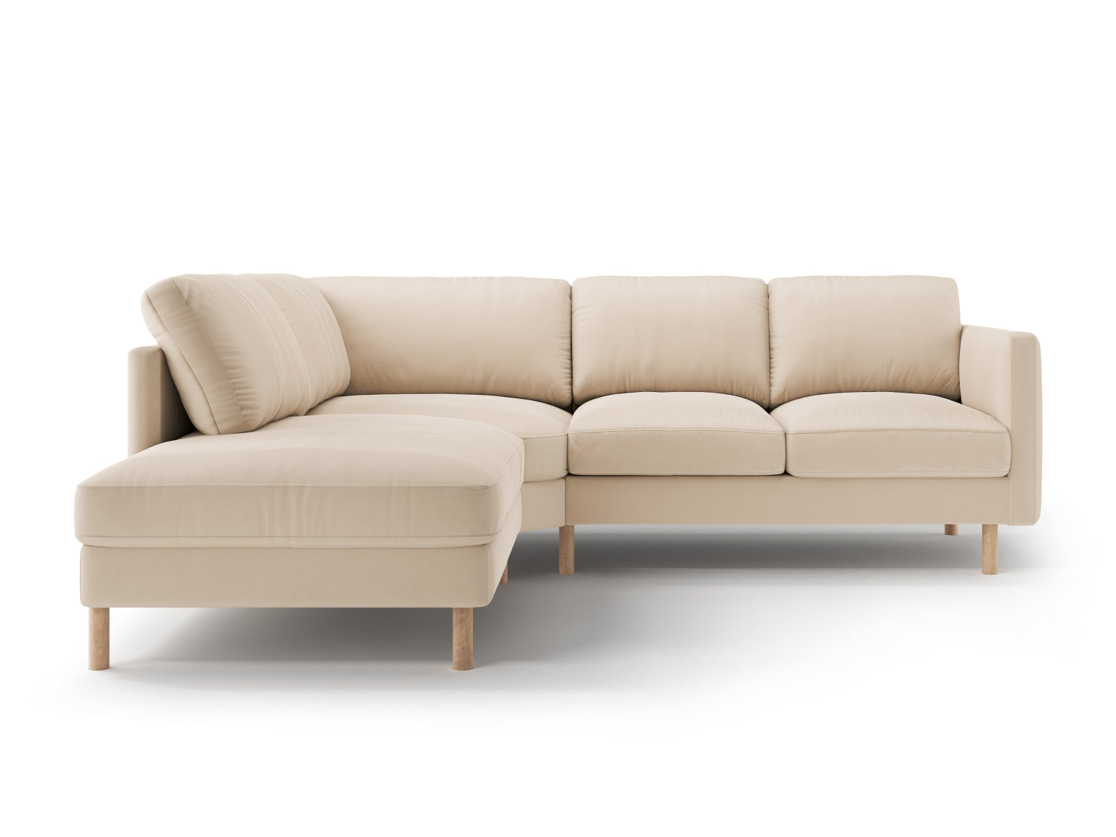Stylisches linksseitiges Ecksofa Eden Velour in zartem Nude, perfekt für entspannte Stunden und gesellige Zusammenkünfte.