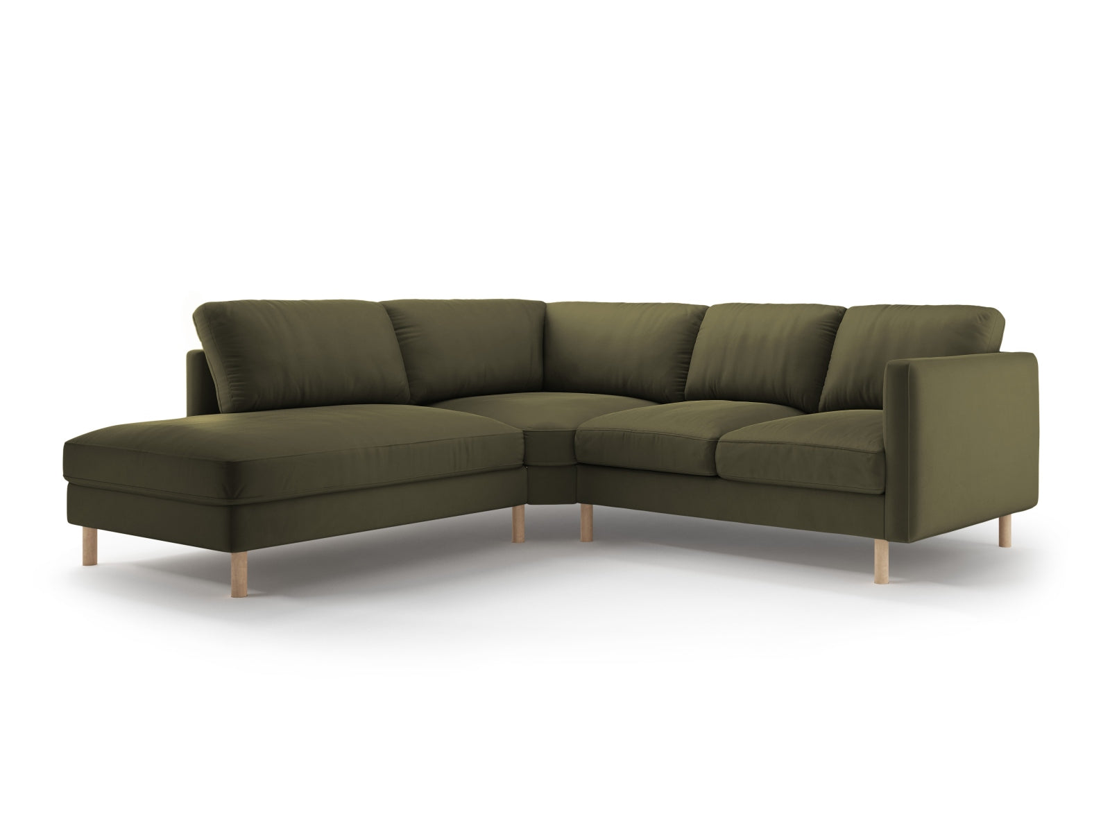 Stylisches linksseitiges Ecksofa Eden Velour in trendigem Moosgrün, ideal für gemütliche Stunden und stilvolle Wohnräume.