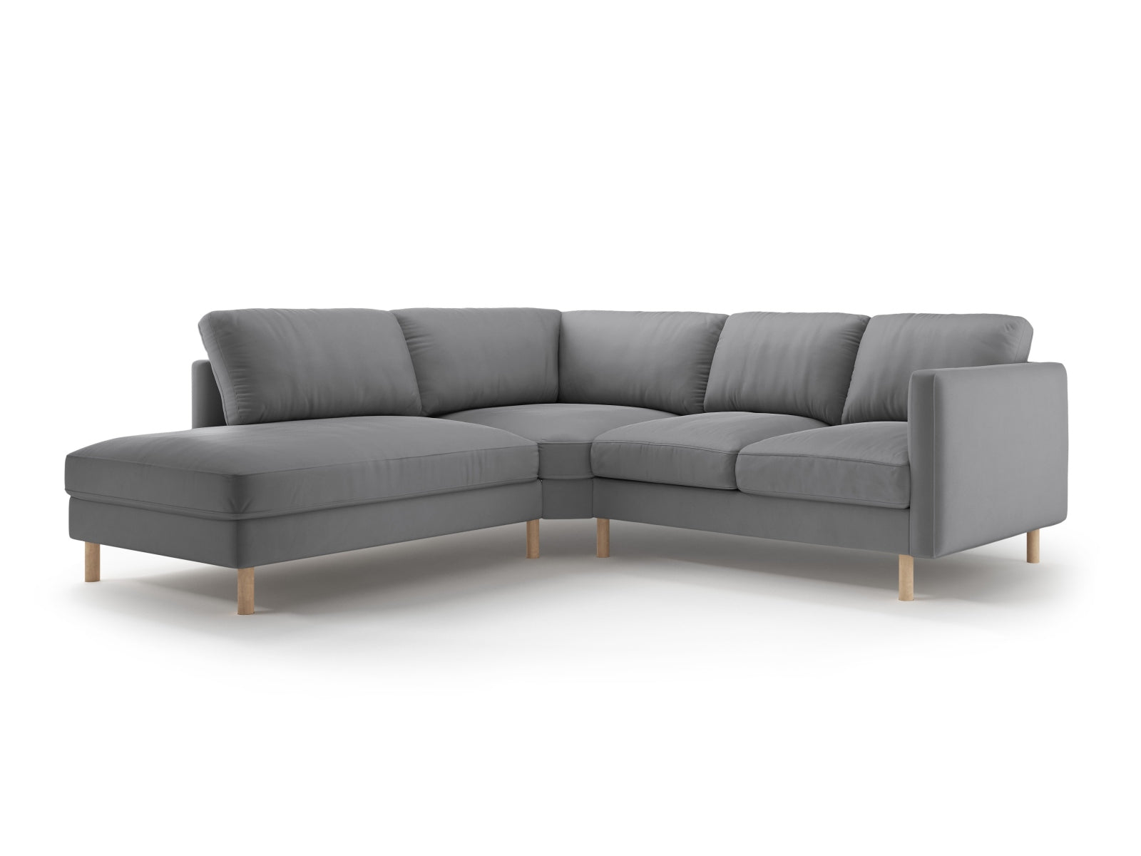 Elegantes linksseitiges Ecksofa Eden Velour in Grau, ideal für entspannte Stunden und modernes Wohndesign von Micadoni.