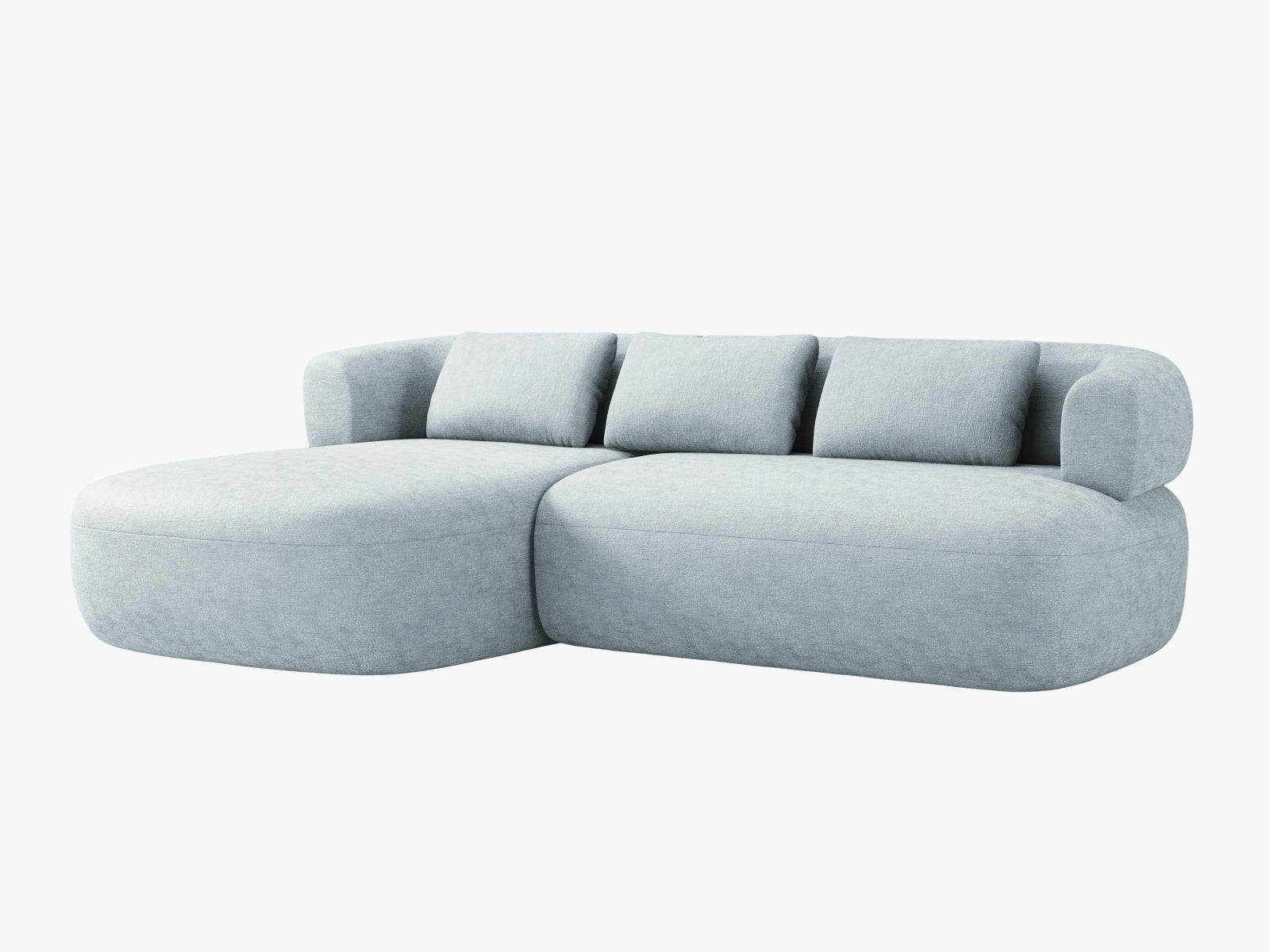 Stylisches Jenny Ecksofa links, 5-Sitzer in sanftem Hellblau, ideal für moderne Wohnräume, erhältlich bei KAQTU Design AG.