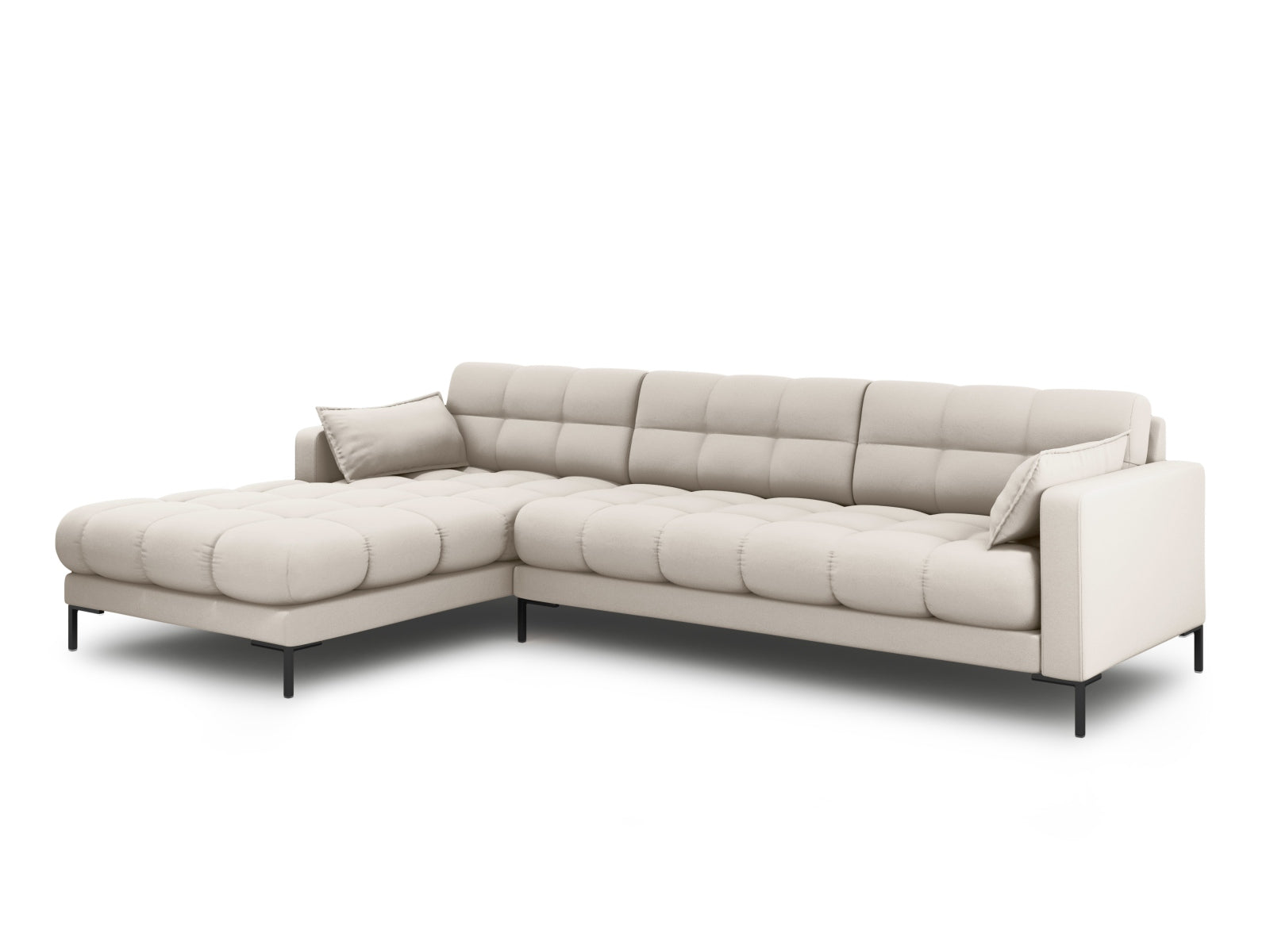 Beige und schwarz gestreiftes Mamaia Ecksofa links, 5 Sitzer, stilvolles L-Sofa von Micadoni, ideal für moderne Wohnräume.