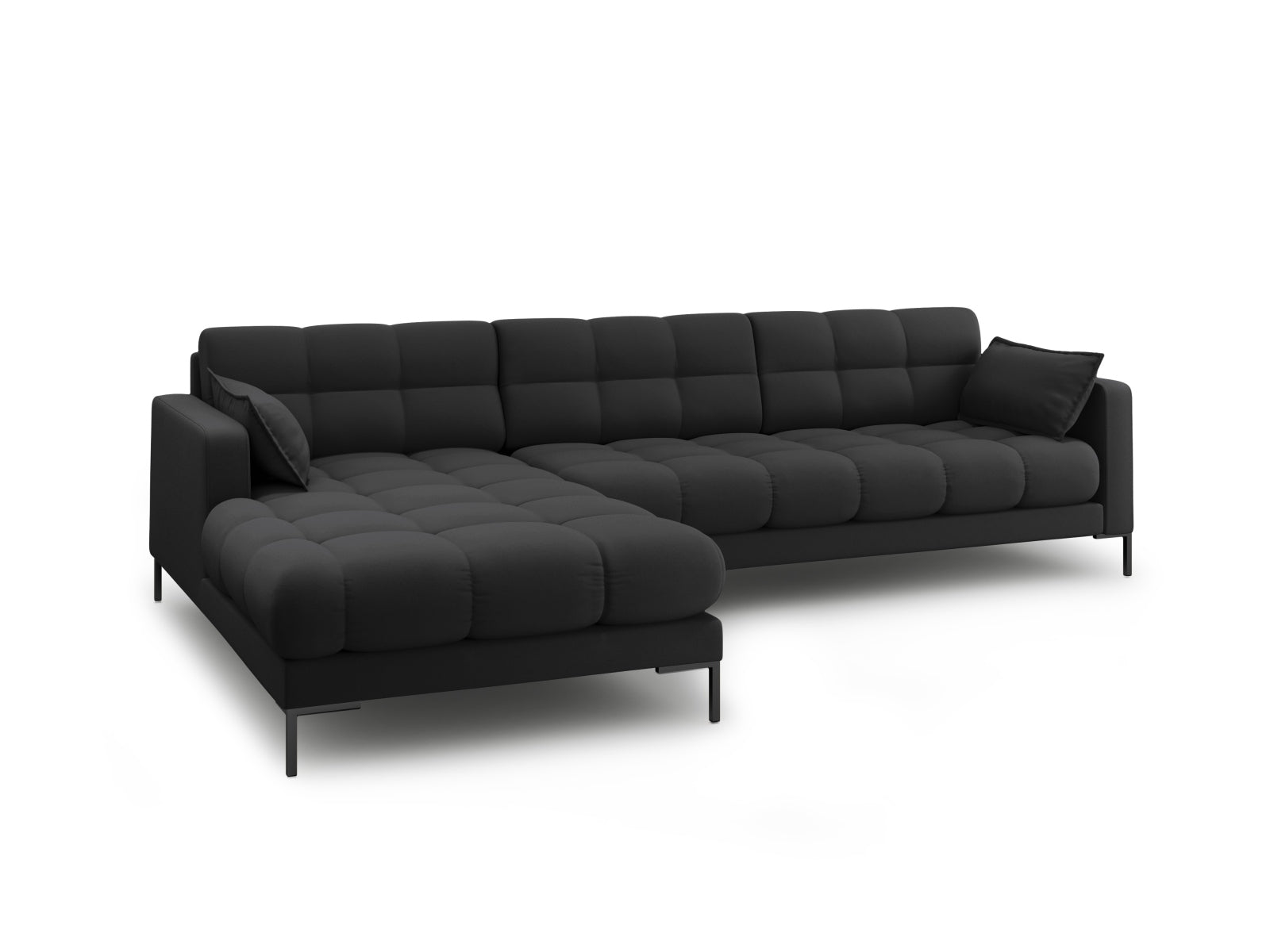 Modernes Mamaia Ecksofa links, 5-Sitzer in edlem Dunkelgrau/Schwarz, perfekt für stilvolle Wohnzimmer, erhältlich bei KAQTU Design AG.