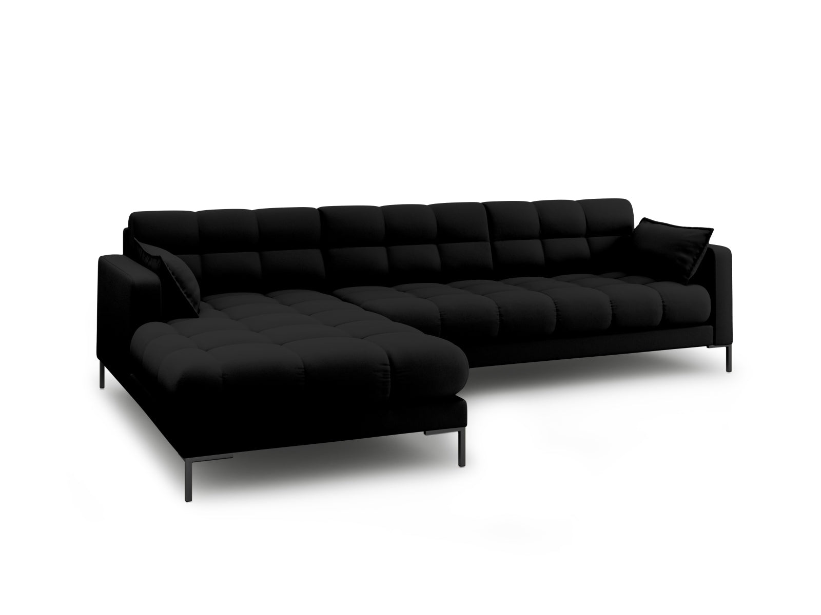 Elegantes Mamaia Ecksofa links, 5-Sitzer in zeitlosem Schwarz, perfekt für stilvolle Wohnzimmer und gemütliche Abende.