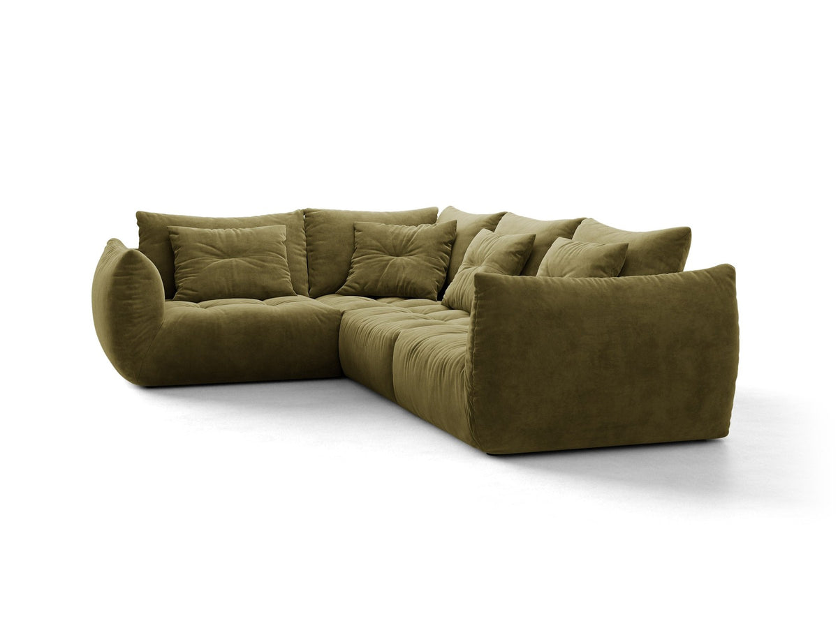 Modulares Ecksofa links Bloom von Micadoni in leichtem Beige, Veloursstoff Casino Pearl, schwarze Kunststoffbeine, tiefe Sitzfläche.