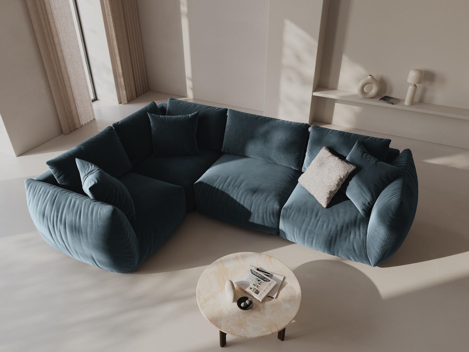 Elegantes Chris Velour Ecksofa in Pastellblau, ideal für stilvolle Wohnräume. Komfortables 4-Sitzer Design von Micadoni.