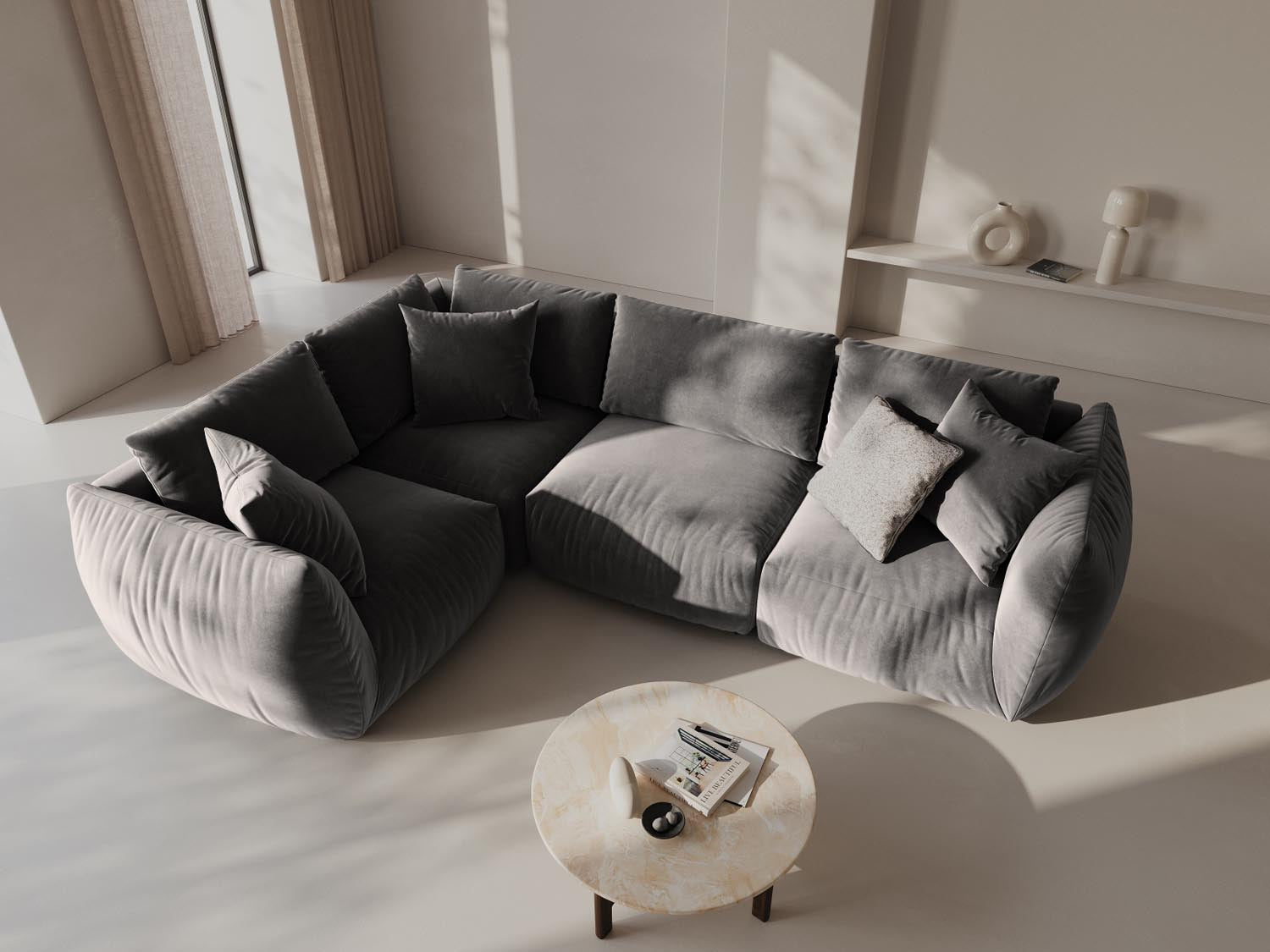 Entdecken Sie das Chris Velour links Ecksofa 4 Sitzer von Micadoni – elegantes Design, optimaler Sitzkomfort und vielseitige Anpassungsmöglichkeiten für Ihr Zuhause!