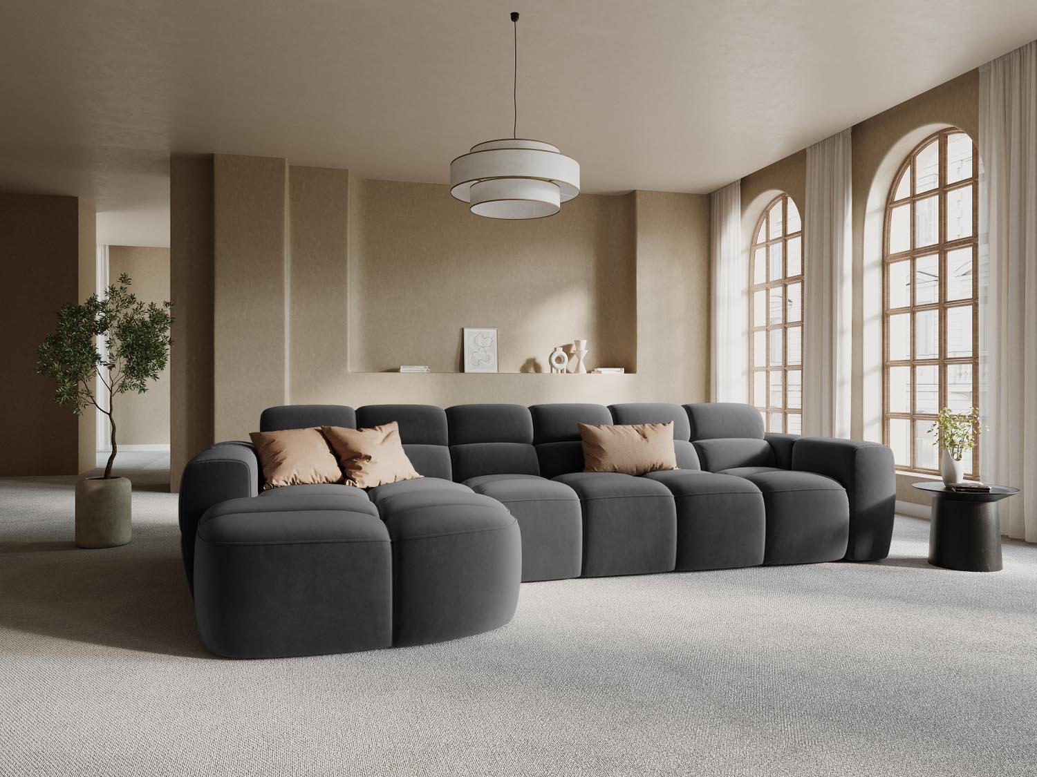 Erleben Sie das stilvolle Lisa Velour Ecksofa links von Micadoni. Dieses 4-Sitzer Sofa vereint modernen Komfort und elegantes Design für Ihr Wohnzimmer.