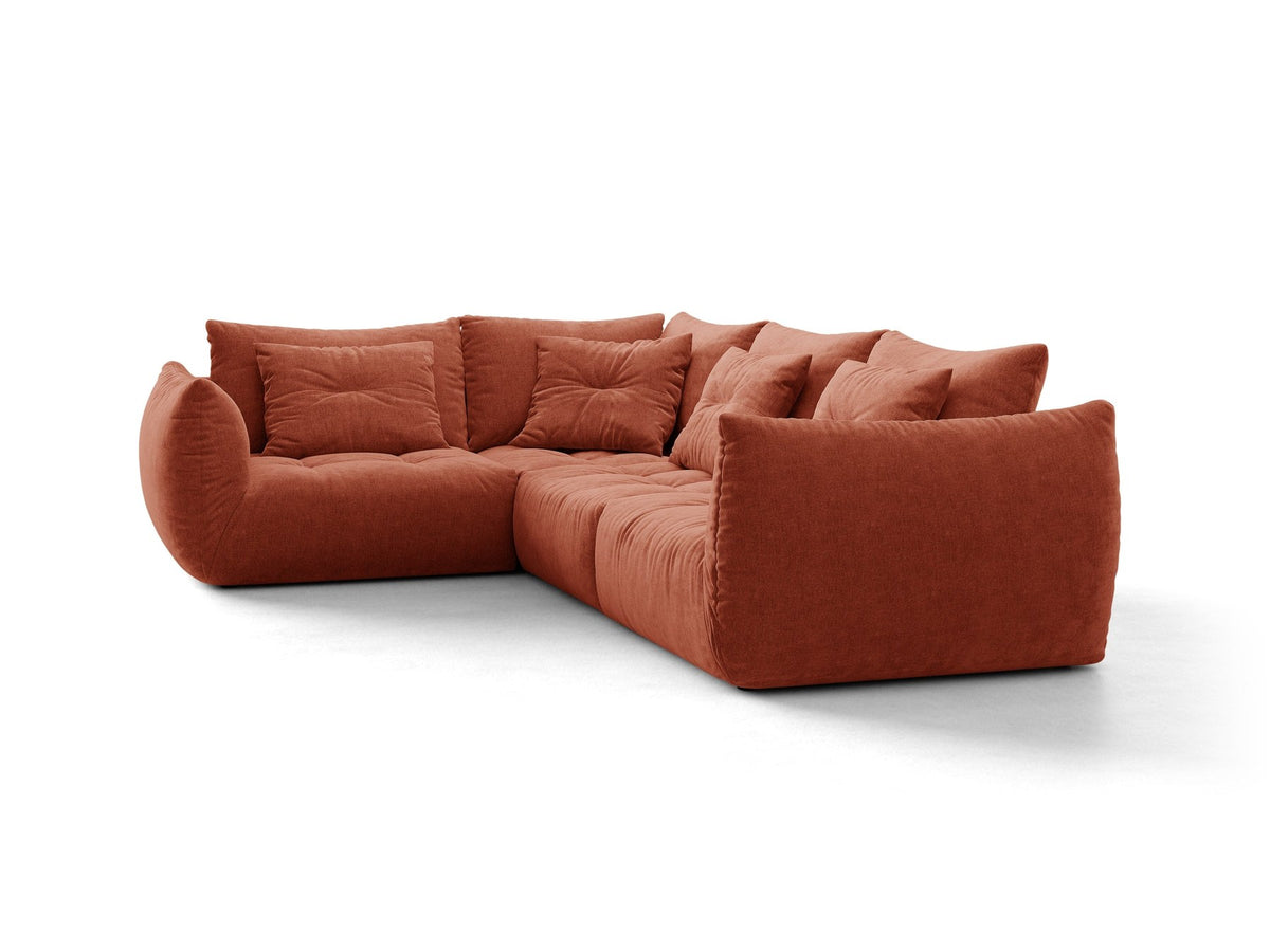 Modulares Ecksofa links Bloom von Micadoni in leichtem Beige, Veloursstoff Casino Pearl, schwarze Kunststoffbeine, tiefe Sitzfläche.