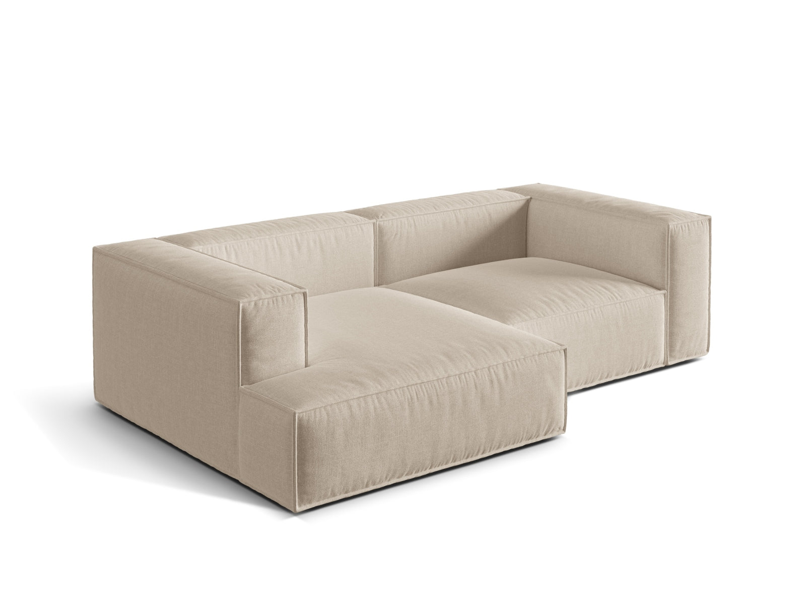 Modulares 3-Sitzer Ecksofa links Nuria in sanftem Beige, ideal für stilvolle Wohnräume, vereint Komfort und Eleganz.