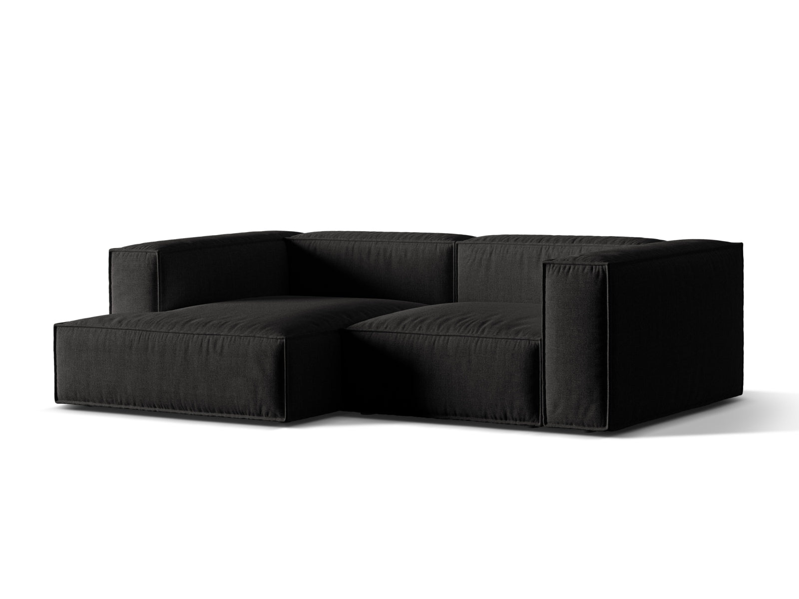 Elegantes 3-Sitzer Ecksofa links Nuria in stilvollem Schwarz, ideal für moderne Wohnräume, erhältlich bei KAQTU Design AG.