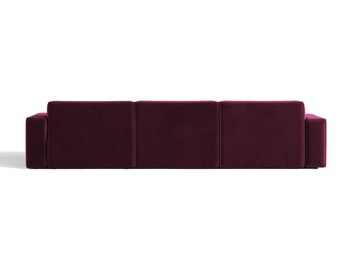 Modulares Ecksofa links von Micadoni in leichtem Beige mit Venus-Samtstoff-Bezug, schwarzen Kunststoffbeinen und niedriger Rückenlehne.