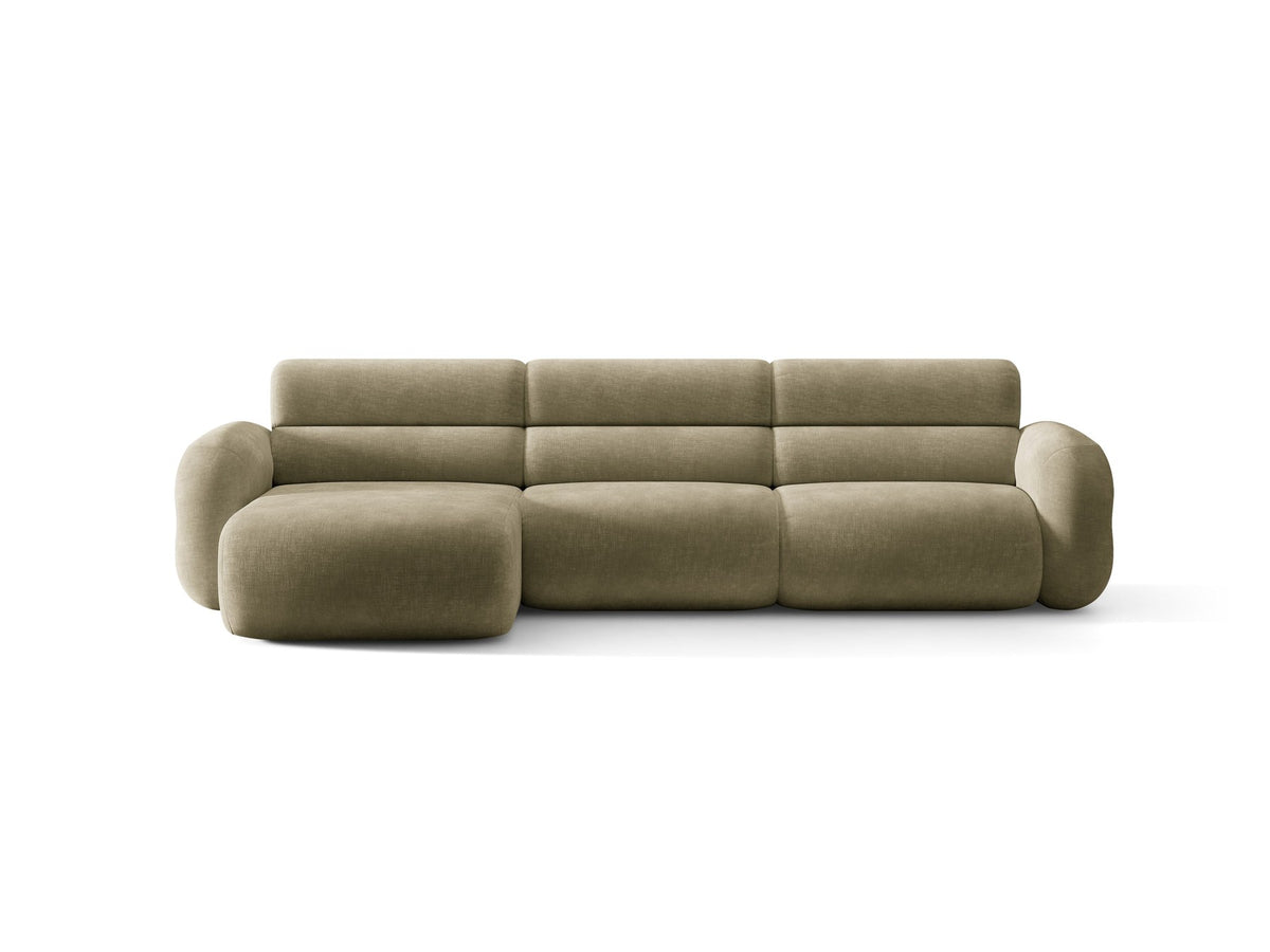 Linkes L-Ecksofa Neo von Micadoni in Dunkles Olivgrün, mit hoher Rückenlehne, schwarzen Kunststoffbeinen und tiefer gepolsterter Sitzfläche.