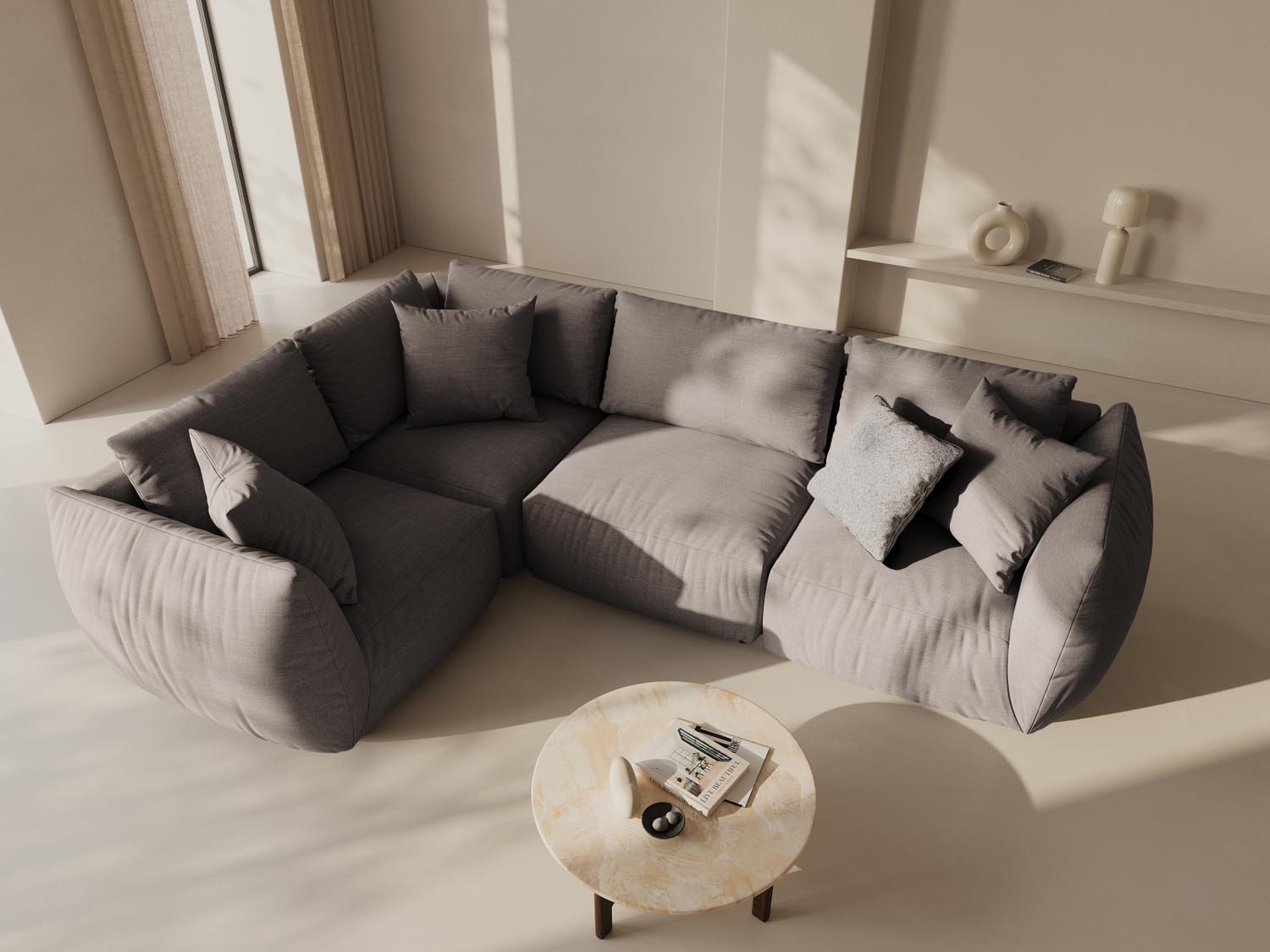 Stylisches Chris Ecksofa links in Warm Grey, 4-Sitzer, ideal für moderne Wohnräume, präsentiert von Micadoni.